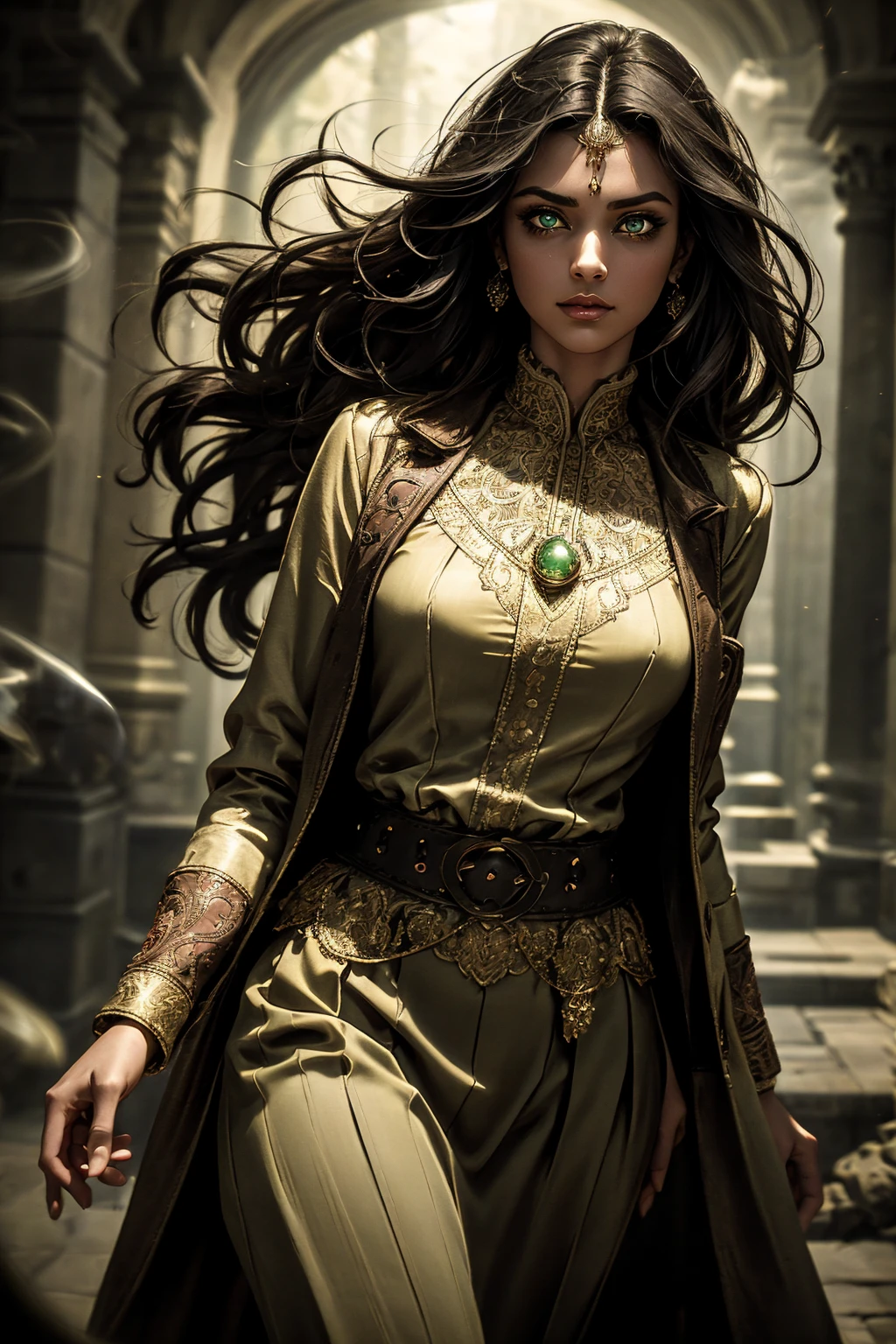 A stunning South-Indian woman, olive-skinned woman, Indian beauty, with bright green eyes, standing in swirling black smoke, with dark brown-black long wavy hair, mesmerizing features with a scary expression, finely detailed eyes, angry mood masterpiece, top quality, best quality, official art, beautiful and aesthetic:1.2), (1girl), extreme detailed,(fractal art:1.3), colorful, highest detailed, (masterpiece, best quality:1.3) professional digital painting, Unreal Engine 5. Wearing a black-buttoned-up military-trench coat. Scary void dripping from body and face black magic swirling around. Black smoke swirled around her. Purple-tinted background. In a 1920 setting, at a farm, wearing 1930 style clothing, , masterpiece, top quality, best quality, official art, beautiful and aesthetic:1.2), (1girl), extreme detailed,(fractal art:1.3), colorful, highest detailed, (masterpiece, best quality:1.3) 1 green-eyed woman, professional digital painting, Unreal Engine 5. Wearing embroidered linen blouse, Wearing long pleated skirt, Long hair, hopeful expression, finely detailed eyes, smiling, epic scene, epic composition, Cinematic Lighting, Volumetric Lighting, ethereal light, intricate details, extremely detailed volumetric rays. Green Eyes. [Beautiful girl, linen shirt and pants, oil painting, Detailed facial features, Sunlight, bright colors, dramatic lighting, expressive eyes and lips, High Resolution]
