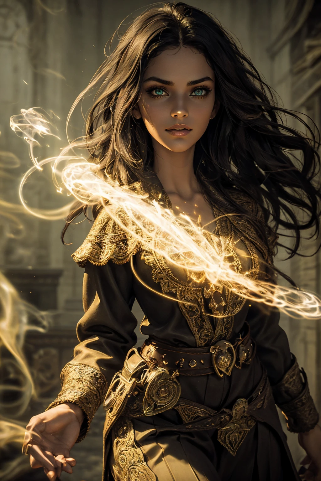 A stunning South-Indian woman, olive-skinned woman, Indian beauty, with bright green eyes, standing in swirling black smoke, with dark brown-black long wavy hair, mesmerizing features with a scary expression, finely detailed eyes, angry mood masterpiece, top quality, best quality, official art, beautiful and aesthetic:1.2), (1girl), extreme detailed,(fractal art:1.3), colorful, highest detailed, (masterpiece, best quality:1.3) professional digital painting, Unreal Engine 5. Wearing a black-buttoned-up military-trench coat. Scary void dripping from body and face black magic swirling around. Black smoke swirled around her. Purple-tinted background. In a 1920 setting, at a farm, wearing 1930 style clothing, , masterpiece, top quality, best quality, official art, beautiful and aesthetic:1.2), (1girl), extreme detailed,(fractal art:1.3), colorful, highest detailed, (masterpiece, best quality:1.3) 1 green-eyed woman, professional digital painting, Unreal Engine 5. Wearing embroidered linen blouse, Wearing long pleated skirt, Long hair, hopeful expression, finely detailed eyes, smiling, epic scene, epic composition, Cinematic Lighting, Volumetric Lighting, ethereal light, intricate details, extremely detailed volumetric rays. Green Eyes. [Beautiful girl, linen shirt and pants, oil painting, Detailed facial features, Sunlight, bright colors, dramatic lighting, expressive eyes and lips, High Resolution]
