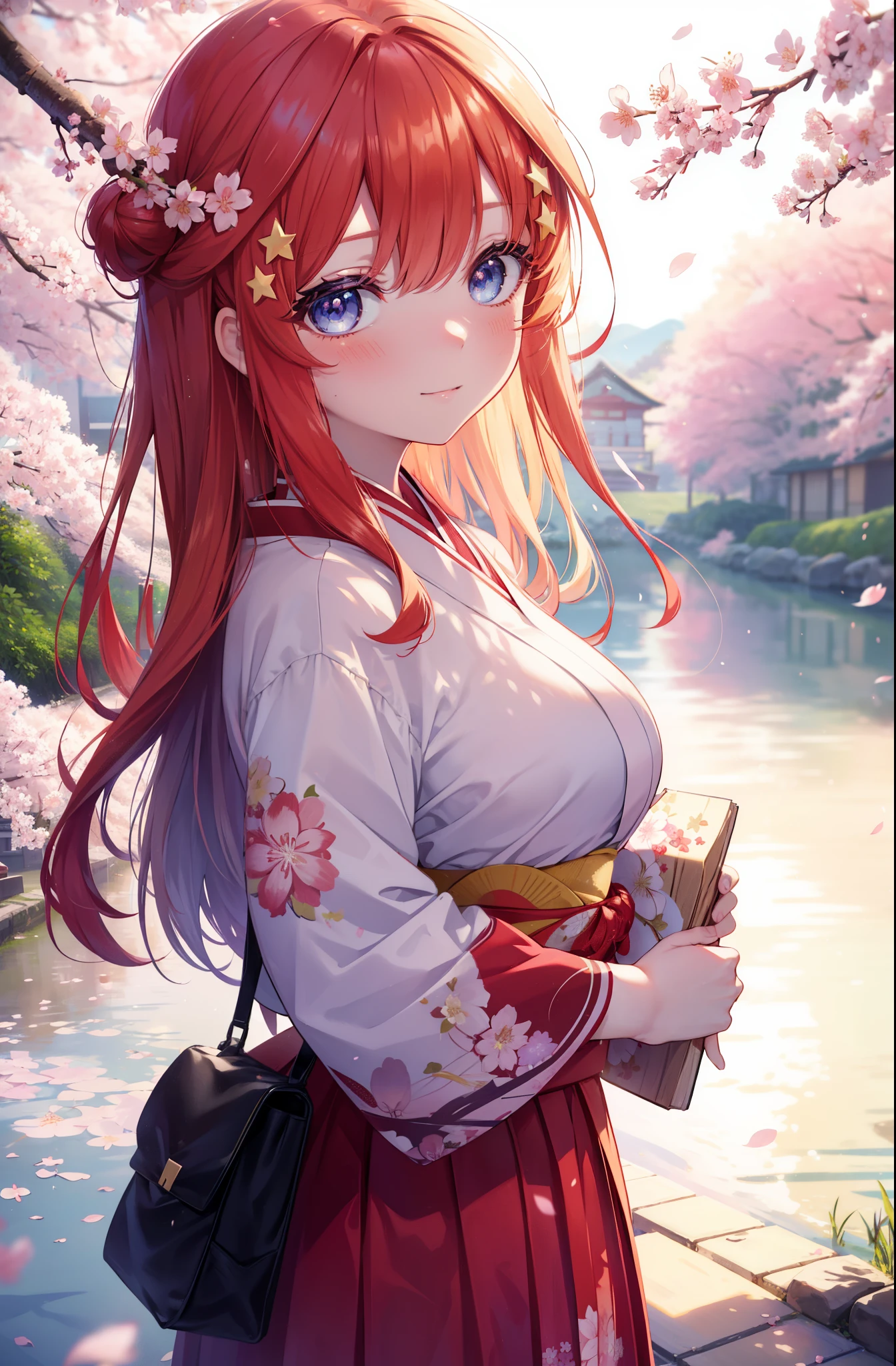 itsukinakano, Itsuki Nakano, bangs, blue eyes, hair between eyes, Ahoge,hair tied back,,long hair, redhead, star \(symbol\), hair ornaments, star hair ornaments,smile,blush,Gorgeous kimono with red floral pattern,long skirt,white foot bag,Zori cherry blossoms are blooming,Cherry blossoms are scattered,Cherry blossom tree-lined path,
break outdoors, garden,
break (masterpiece:1.2), highest quality, High resolution, unity 8k wallpaper, (figure:0.8), (detailed and beautiful eyes:1.6), highly detailed face, perfect lighting, Very detailed CG, (perfect hands, perfect anatomy),