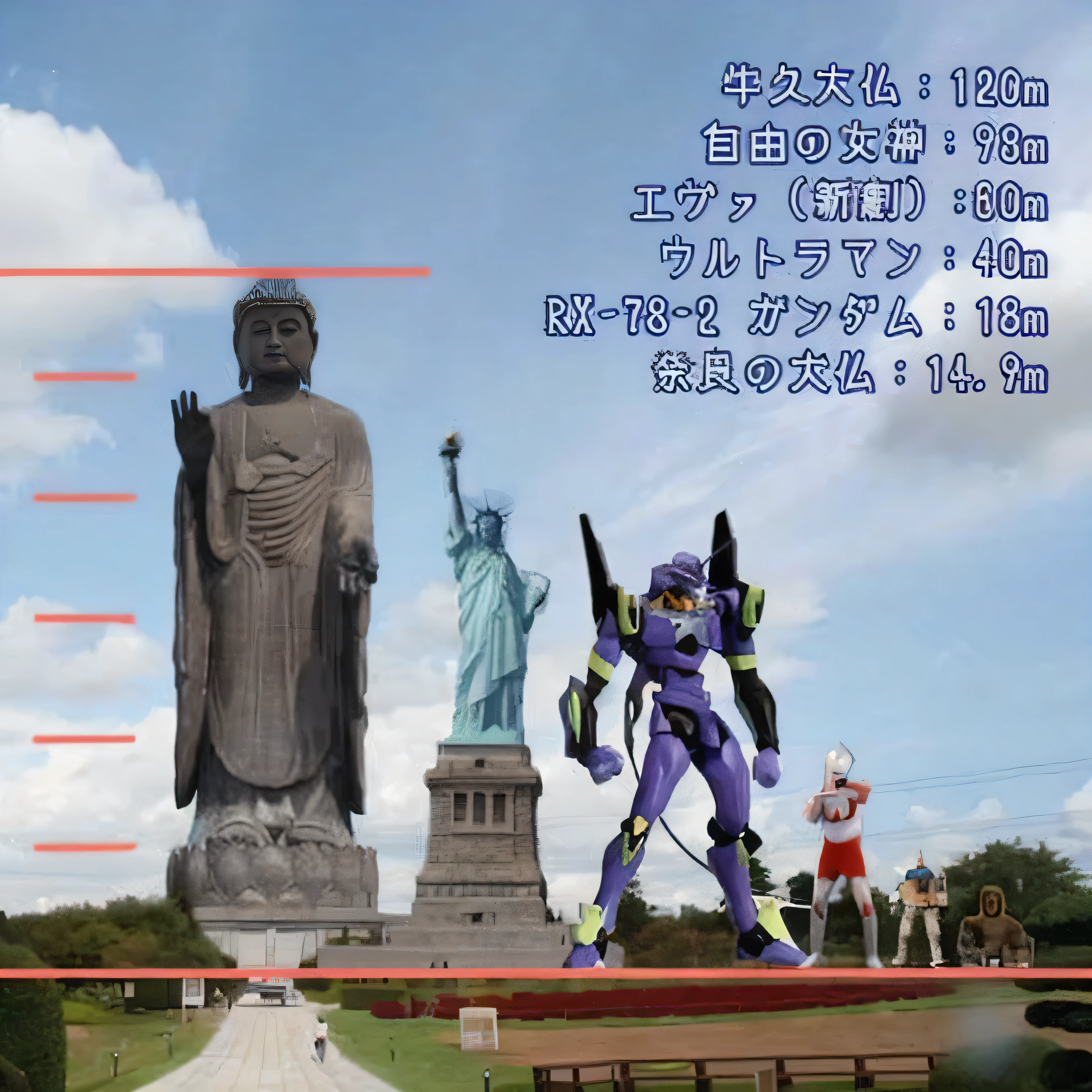 there are a lot of statues in the park with a statue of liberty in the background, kaiju towering above new york, 8k --height 768, gundam is windmill shaped, evangelion third impact inspired, giant anime mecha, ( evangelion ), drdisrespect as a gundam, visible from afar!!, on a gundam, anime proportions