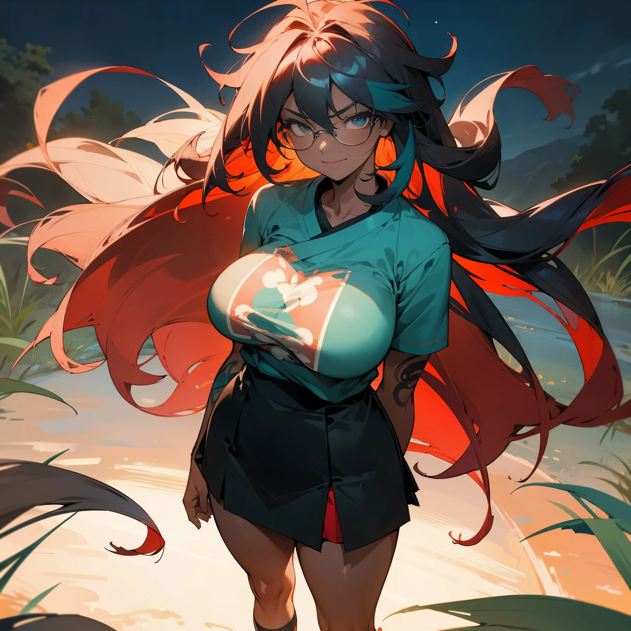 1female, adult, big breast, dark skin, finely detailed teal eyes, long messy hair, two toned hair, black and red ombré hair color, loose open yukata, short skirt, glasses, standing with arms folded, standing on open trail, night, confident smile, village, serious, tattoos 