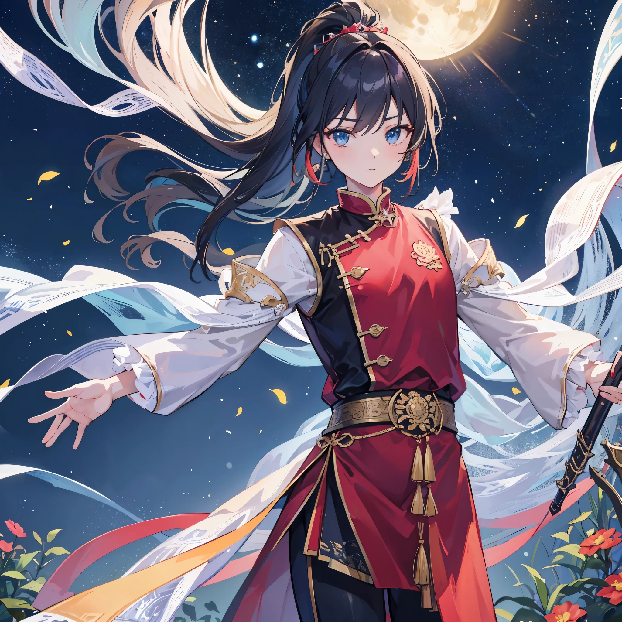 (best quality,high resolution,clear image,garden scene,:1.2),a handsome guy,the only person,Super detailed background,Beautiful teenager standing holding sword,Chinese style clothes,high ponytail,night,blue eyes,garden scene,Under the moonlight,starry sky,asian architecture,Octagonal tower,romantic atmosphere,,Dutch style shot,soft light,upper body portrait,eye focus,sharp gaze,