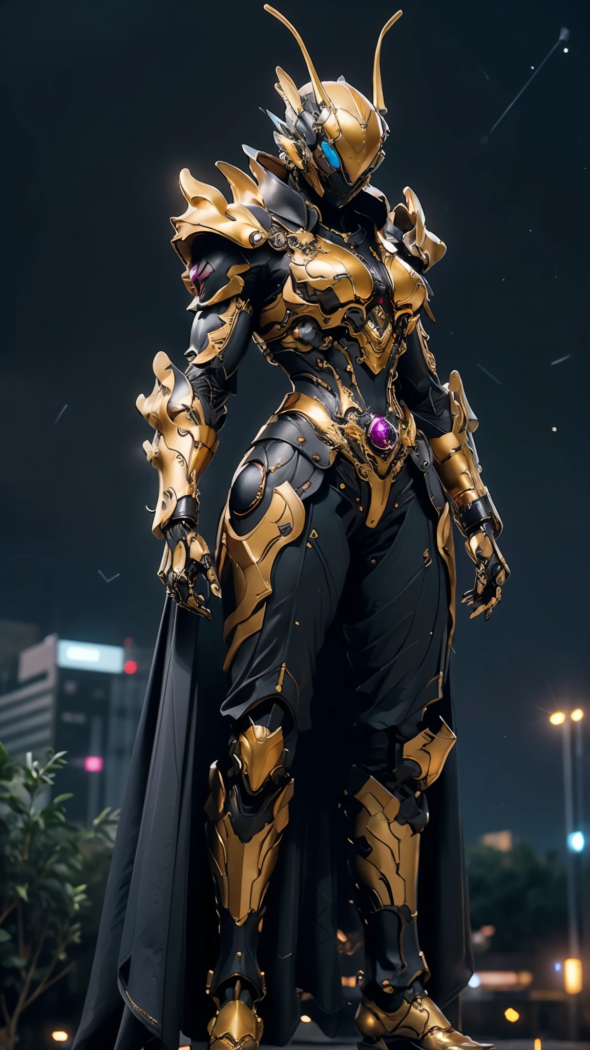A woman adorned in fantasy-style full-body armor, a crown-concept fully enclosed helmet that unveils only her eyes, a composite layered chest plate, fully encompassing shoulder and hand guards, a lightweight waist armor, form-fitting shin guards, the overall design is heavy-duty yet flexible, ((the armor gleams with a golden glow, complemented by red and blue accents)), exhibiting a noble aura, she floats above a fantasy-surreal high-tech city, this character embodies a finely crafted fantasy-surreal style armored hero in anime style, exquisite and mature manga art style, (Queen bee mixed with Spider concept Armor, photorealistic:1.2, real texture material:1.2), ((night sky, city night view, elegant, goddess, femminine:1.5)), Unreal Engine 5, metallic, high definition, best quality, highres, ultra-detailed, ultra-fine painting, extremely delicate, professional, anatomically correct, symmetrical face, extremely detailed eyes and face, high quality eyes, creativity, RAW photo, UHD, 32k, Natural light, cinematic lighting, masterpiece-anatomy-perfect, masterpiece:1.5