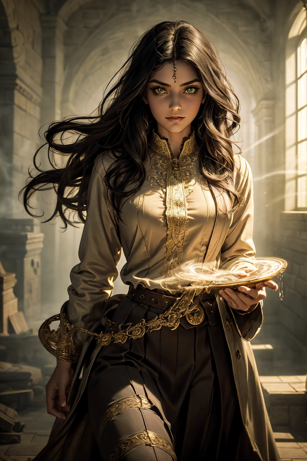 A stunning South-Indian woman, olive-skinned woman, Indian beauty, with bright green eyes, standing in swirling black smoke, with dark brown-black long wavy hair, mesmerizing features with a scary expression, finely detailed eyes, angry mood masterpiece, top quality, best quality, official art, beautiful and aesthetic:1.2), (1girl), extreme detailed,(fractal art:1.3), colorful, highest detailed, (masterpiece, best quality:1.3) professional digital painting, Unreal Engine 5. Wearing a black-buttoned-up military-trench coat. Scary void dripping from body and face black magic swirling around. Black smoke swirled around her. Purple-tinted background. In a 1920 setting, at a farm, wearing 1930 style clothing, , masterpiece, top quality, best quality, official art, beautiful and aesthetic:1.2), (1girl), extreme detailed,(fractal art:1.3), yellow, orange, pink, purple, highest detailed, (masterpiece, best quality:1.3) 1 green-eyed woman, professional digital painting, Unreal Engine 5. Wearing linen blouse, Wearing long skirt, Long hair, hopeful expression, finely detailed eyes, smiling, epic scene, epic composition, Cinematic Lighting, Volumetric Lighting, ethereal light, intricate details, extremely detailed volumetric rays. Green Eyes. [Beautiful girl, linen shirt and pants, oil painting, Detailed facial features, Sunlight, bright colors, dramatic lighting, expressive eyes and lips, High Resolution]
