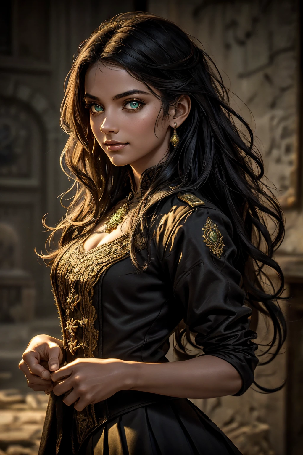A stunning South-Indian woman, olive-skinned woman, Indian beauty, with bright green eyes, standing in swirling black smoke, with dark brown-black long wavy hair, mesmerizing features with a scary expression, finely detailed eyes, angry mood masterpiece, top quality, best quality, official art, beautiful and aesthetic:1.2), (1girl), extreme detailed,(fractal art:1.3), colorful, highest detailed, (masterpiece, best quality:1.3) professional digital painting, Unreal Engine 5. Wearing a black-buttoned-up military-trench coat. Scary void dripping from body and face black magic swirling around. Black smoke swirled around her. Purple-tinted background. In a 1920 setting, at a farm, wearing 1930 style clothing, , masterpiece, top quality, best quality, official art, beautiful and aesthetic:1.2), (1girl), extreme detailed,(fractal art:1.3), colorful, highest detailed, (masterpiece, best quality:1.3) 1 green-eyed woman, professional digital painting, Unreal Engine 5. Wearing embroidered linen blouse, Wearing long pleated skirt, Long hair, hopeful expression, finely detailed eyes, smiling, epic scene, epic composition, Cinematic Lighting, Volumetric Lighting, ethereal light, intricate details, extremely detailed volumetric rays. Green Eyes. [Beautiful girl, linen shirt and pants, oil painting, Detailed facial features, Sunlight, bright colors, dramatic lighting, expressive eyes and lips, High Resolution]
