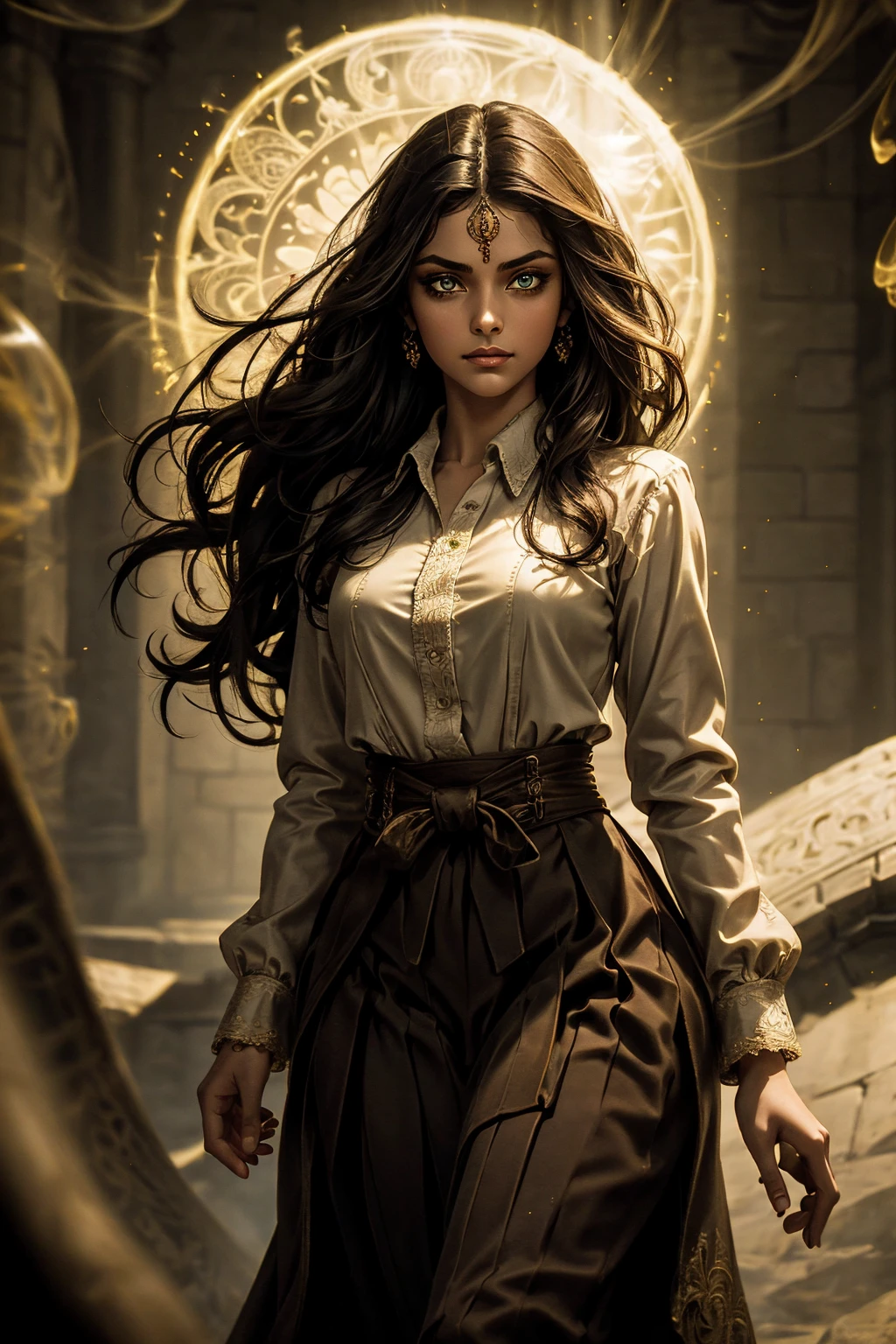 A stunning South-Indian woman, olive-skinned woman, Indian beauty, with bright green eyes, standing in swirling black smoke, with dark brown-black long wavy hair, mesmerizing features with a scary expression, finely detailed eyes, angry mood masterpiece, top quality, best quality, official art, beautiful and aesthetic:1.2), (1girl), extreme detailed,(fractal art:1.3), colorful, highest detailed, (masterpiece, best quality:1.3) professional digital painting, Unreal Engine 5. Wearing a black-buttoned-up military-trench coat. Scary void dripping from body and face black magic swirling around. Black smoke swirled around her. Purple-tinted background. In a 1920 setting, at a farm, wearing 1930 style clothing, , masterpiece, top quality, best quality, official art, beautiful and aesthetic:1.2), (1girl), extreme detailed,(fractal art:1.3), yellow, orange, pink, purple, highest detailed, (masterpiece, best quality:1.3) 1 green-eyed woman, professional digital painting, Unreal Engine 5. Wearing linen blouse, Wearing long skirt, Long hair, hopeful expression, finely detailed eyes, smiling, epic scene, epic composition, Cinematic Lighting, Volumetric Lighting, ethereal light, intricate details, extremely detailed volumetric rays. Green Eyes. [Beautiful girl, linen shirt and pants, oil painting, Detailed facial features, Sunlight, bright colors, dramatic lighting, expressive eyes and lips, High Resolution]
