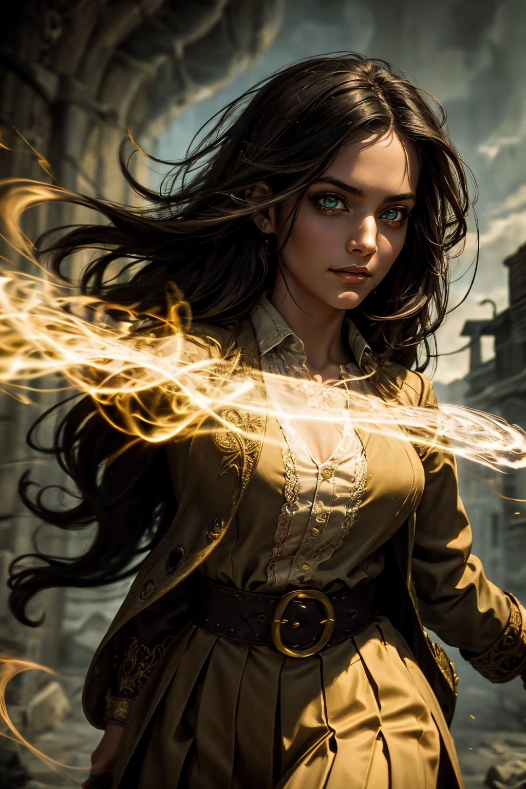 A stunning South-Indian woman, olive-skinned woman, Indian beauty, with bright green eyes, standing in swirling black smoke, with dark brown-black long wavy hair, mesmerizing features with a scary expression, finely detailed eyes, angry mood masterpiece, top quality, best quality, official art, beautiful and aesthetic:1.2), (1girl), extreme detailed,(fractal art:1.3), colorful, highest detailed, (masterpiece, best quality:1.3) professional digital painting, Unreal Engine 5. Wearing a black-buttoned-up military-trench coat. Scary void dripping from body and face black magic swirling around. Black smoke swirled around her. Purple-tinted background. In a 1920 setting, at a farm, wearing 1930 style clothing, , masterpiece, top quality, best quality, official art, beautiful and aesthetic:1.2), (1girl), extreme detailed,(fractal art:1.3), yellow, orange, pink, purple, highest detailed, (masterpiece, best quality:1.3) 1 green-eyed woman, professional digital painting, Unreal Engine 5. Wearing linen blouse, Wearing long skirt, Long hair, hopeful expression, finely detailed eyes, smiling, epic scene, epic composition, Cinematic Lighting, Volumetric Lighting, ethereal light, intricate details, extremely detailed volumetric rays. Green Eyes. [Beautiful girl, linen shirt and pants, oil painting, Detailed facial features, Sunlight, bright colors, dramatic lighting, expressive eyes and lips, High Resolution]

