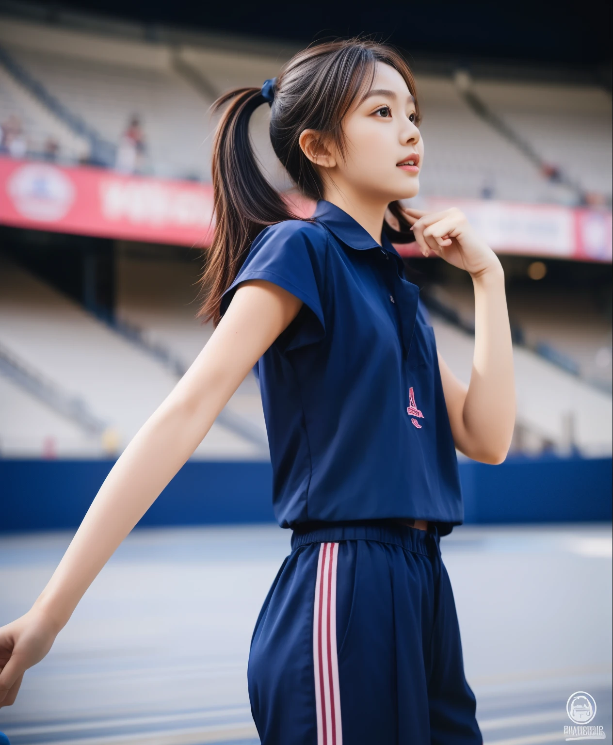 (best quality,10,10,height,Masterpiece:1.2),Special details,(realistic,ภาพrealistic,Realistic photos:1.37),1 cute girl on the football field,shiny, ผิวshiny,only,smile softly,BDclothelue shirt:1.3)),short sleeve,shirt, กางเกงขาlong.,(navy_long_track pants:1.1), ((stadium background:1.3)),Dynamic angle,excited,Face focus,dynamic poses,from behind,focus on ass,Masterpiece, best quality, ultra realistic, hyper-detail, 8K resolution, raw photos, Sharp focus, ((Navy blue shirt:1.1)), short sleeve, เส้นทางlong, perfect body, 2 mature women, 18 years old, Cinema-grade lighting system,blue sweatpants,shirtผ้าออกกำลังกาย,correct anatomy,perfect body, correct body, Sharp face, correct bodyทางกายวิภาค, full body, realistic gestures, long-haired, realistic poses,Wear long shorts................................,ช่วงขาlong,Good shape,carved girl, Slender figure, model, Good shape, beautiful body,blue sweatpants, two girls kissing