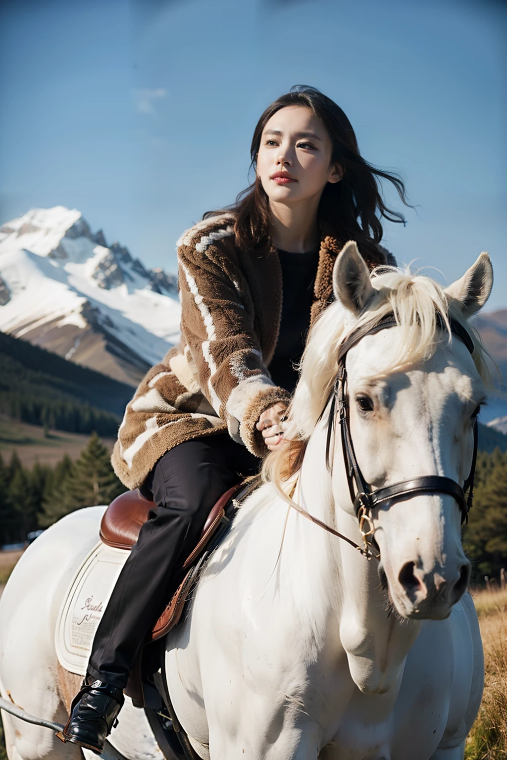 ((best quality)), ((masterpiece)), (detailed), perfect face,clear facial features,A beautiful woman wearing fur clothing,riding a white horse,Immediately rise high on the hill,Mighty image,Snowy mountains in the background,low angle photography,whole body composition,High quality work