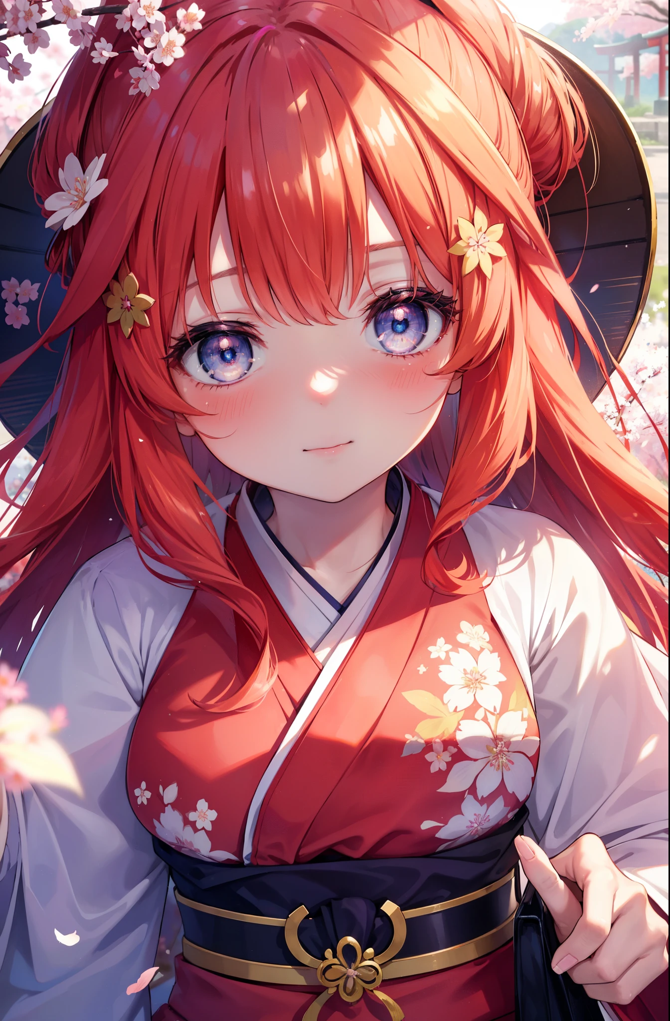 itsukinakano, Itsuki Nakano, bangs, blue eyes, hair between eyes, Ahoge,hair tied back,,long hair, redhead, star \(symbol\), hair ornaments, star hair ornaments,smile,blush,Gorgeous kimono with red floral pattern,white foot bag,Zori cherry blossoms are blooming,Cherry blossoms are scattered,Cherry blossom tree-lined path,
break outdoors, shrine,torii,
break (masterpiece:1.2), highest quality, High resolution, unity 8k wallpaper, (figure:0.8), (detailed and beautiful eyes:1.6), highly detailed face, perfect lighting, Very detailed CG, (perfect hands, perfect anatomy),