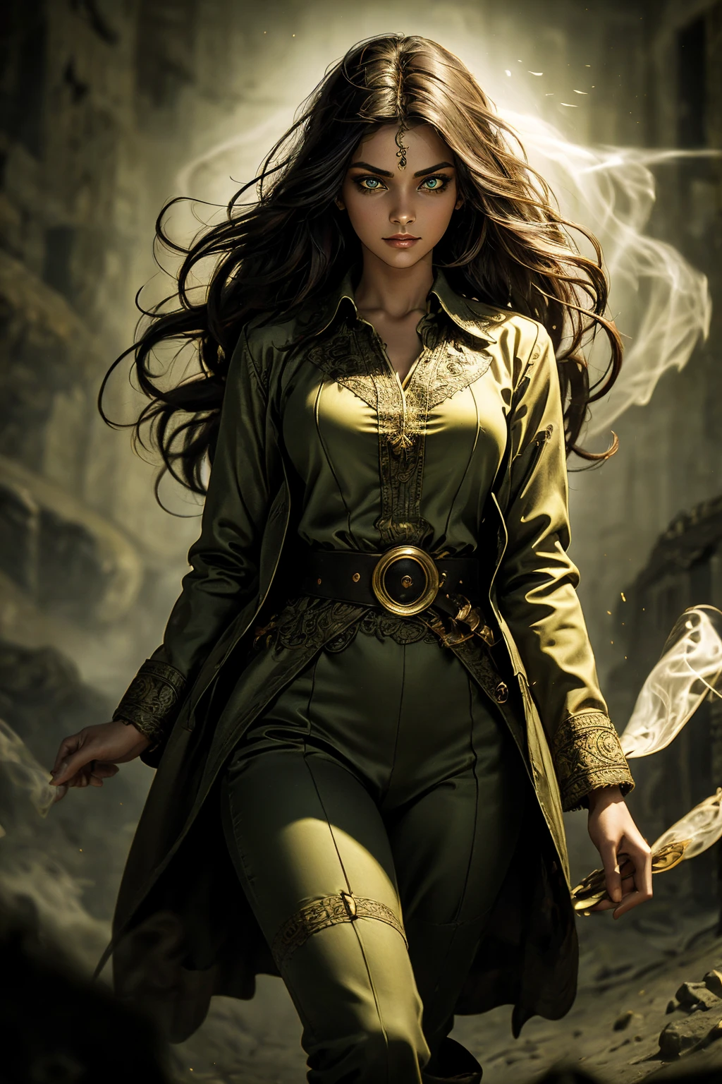 A stunning South-Indian woman, olive-skinned woman, Indian beauty, with bright green eyes, standing in swirling black smoke, with dark brown-black long wavy hair, mesmerizing features with a scary expression, finely detailed eyes, angry mood masterpiece, top quality, best quality, official art, beautiful and aesthetic:1.2), (1girl), extreme detailed,(fractal art:1.3), colorful, highest detailed, (masterpiece, best quality:1.3) professional digital painting, Unreal Engine 5. Wearing a black-buttoned-up military-trench coat. Scary void dripping from body and face black magic swirling around. Black smoke swirled around her. Purple-tinted background. In a 1920 setting, at a farm, wearing 1930 style clothing, , masterpiece, top quality, best quality, official art, beautiful and aesthetic:1.2), (1girl), extreme detailed,(fractal art:1.3), yellow, orange, pink, purple, highest detailed, (masterpiece, best quality:1.3) 1 green-eyed woman, professional digital painting, Unreal Engine 5. Wearing linen blouse, Wearing long skirt, Long hair, hopeful expression, finely detailed eyes, smiling, epic scene, epic composition, Cinematic Lighting, Volumetric Lighting, ethereal light, intricate details, extremely detailed volumetric rays. Green Eyes. [Beautiful girl, linen shirt and pants, oil painting, Detailed facial features, Sunlight, bright colors, dramatic lighting, expressive eyes and lips, High Resolution]
