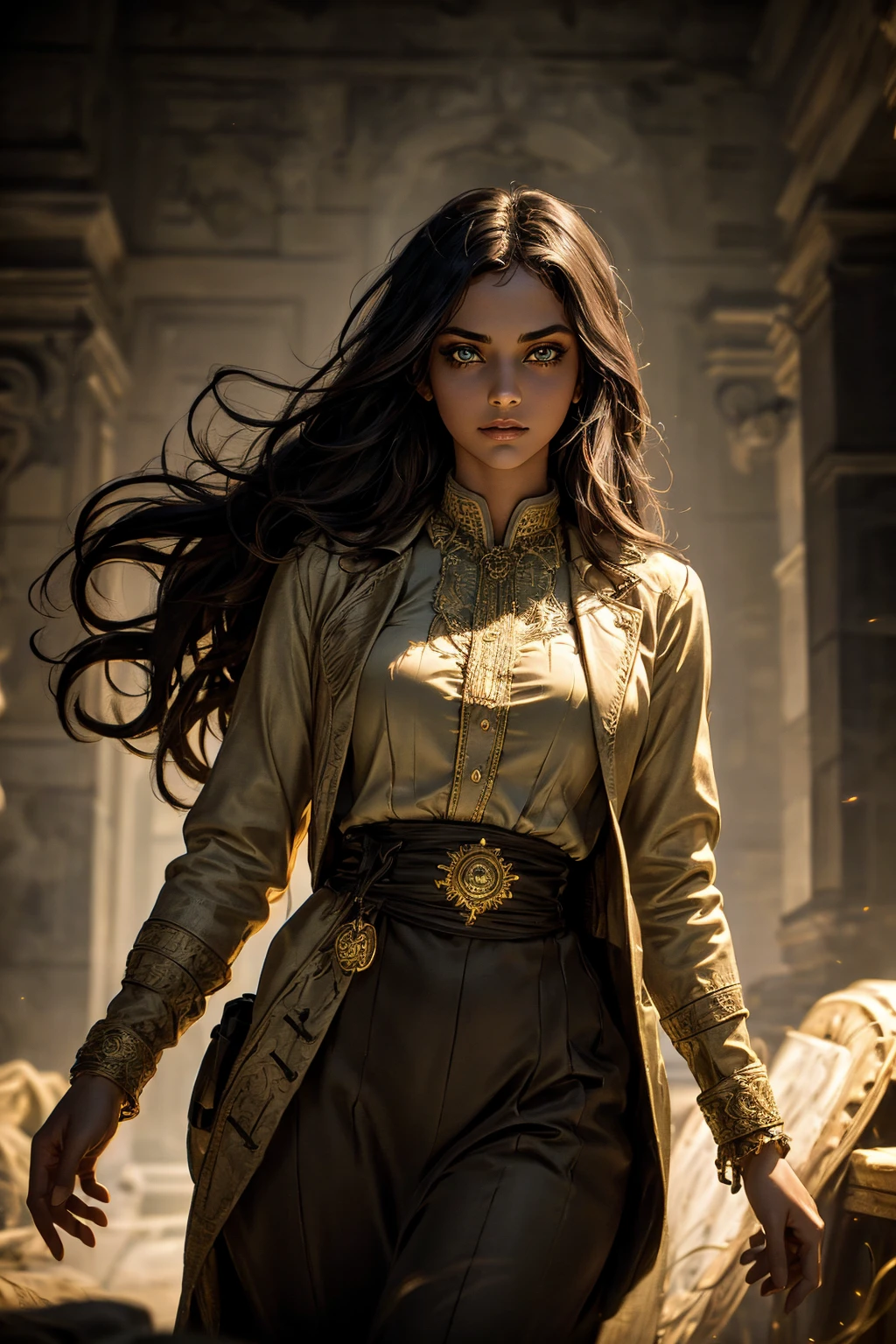 A stunning South-Indian woman, olive-skinned woman, Indian beauty, with bright green eyes, standing in swirling black smoke, with dark brown-black long wavy hair, mesmerizing features with a scary expression, finely detailed eyes, angry mood masterpiece, top quality, best quality, official art, beautiful and aesthetic:1.2), (1girl), extreme detailed,(fractal art:1.3), colorful, highest detailed, (masterpiece, best quality:1.3) professional digital painting, Unreal Engine 5. Wearing a black-buttoned-up military-trench coat. Scary void dripping from body and face black magic swirling around. Black smoke swirled around her. Purple-tinted background. In a 1920 setting, at a farm, wearing 1930 style clothing, , masterpiece, top quality, best quality, official art, beautiful and aesthetic:1.2), (1girl), extreme detailed,(fractal art:1.3), yellow, orange, pink, purple, highest detailed, (masterpiece, best quality:1.3) 1 green-eyed woman, professional digital painting, Unreal Engine 5. Wearing linen blouse, Wearing long skirt, Long hair, hopeful expression, finely detailed eyes, smiling, epic scene, epic composition, Cinematic Lighting, Volumetric Lighting, ethereal light, intricate details, extremely detailed volumetric rays. Green Eyes. [Beautiful girl, linen shirt and pants, oil painting, Detailed facial features, Sunlight, bright colors, dramatic lighting, expressive eyes and lips, High Resolution]
