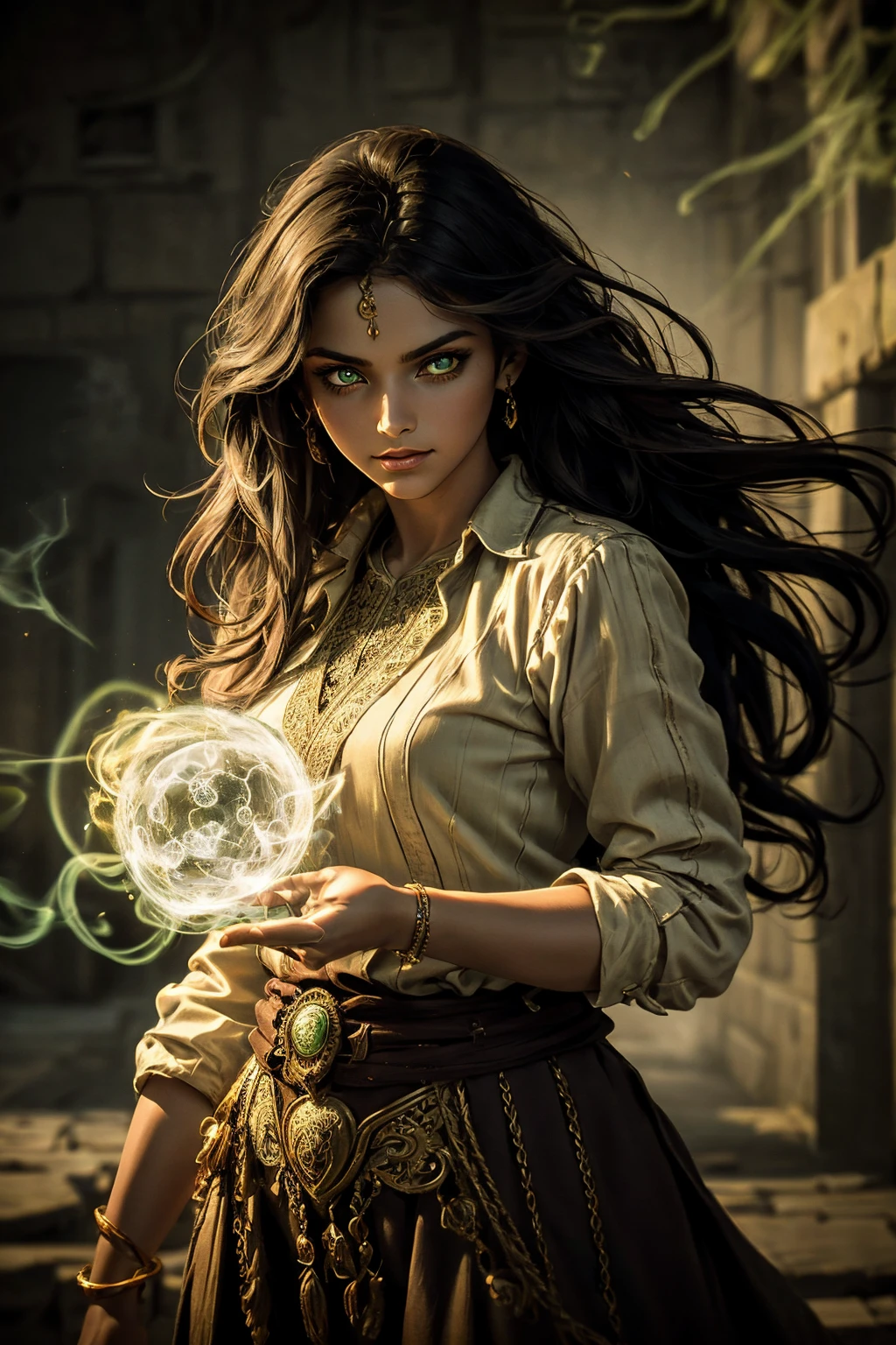 A stunning South-Indian woman, olive-skinned woman, Indian beauty, with bright green eyes, standing in swirling black smoke, with dark brown-black long wavy hair, mesmerizing features with a scary expression, finely detailed eyes, angry mood masterpiece, top quality, best quality, official art, beautiful and aesthetic:1.2), (1girl), extreme detailed,(fractal art:1.3), colorful, highest detailed, (masterpiece, best quality:1.3) professional digital painting, Unreal Engine 5. Wearing a black-buttoned-up military-trench coat. Scary void dripping from body and face black magic swirling around. Black smoke swirled around her. Purple-tinted background. In a 1920 setting, at a farm, wearing 1930 style clothing, , masterpiece, top quality, best quality, official art, beautiful and aesthetic:1.2), (1girl), extreme detailed,(fractal art:1.3), yellow, orange, pink, purple, highest detailed, (masterpiece, best quality:1.3) 1 green-eyed woman, professional digital painting, Unreal Engine 5. Wearing linen blouse, Wearing long skirt, Long hair, hopeful expression, finely detailed eyes, smiling, epic scene, epic composition, Cinematic Lighting, Volumetric Lighting, ethereal light, intricate details, extremely detailed volumetric rays. Green Eyes. [Beautiful girl, linen shirt and pants, oil painting, Detailed facial features, Sunlight, bright colors, dramatic lighting, expressive eyes and lips, High Resolution]

