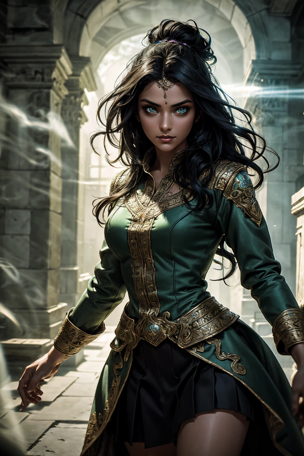 A stunning South-Indian woman, olive-skinned woman, Indian beauty, with bright green eyes, standing in swirling black smoke, with dark brown-black long wavy hair, mesmerizing features with a scary expression, finely detailed eyes, angry mood masterpiece, top quality, best quality, official art, beautiful and aesthetic:1.2), (1girl), extreme detailed,(fractal art:1.3), colorful, highest detailed, (masterpiece, best quality:1.3) professional digital painting, Unreal Engine 5. Wearing a black-buttoned-up military-trench coat. Scary void dripping from body and face black magic swirling around. Black smoke swirled around her. Purple-tinted background. In a 1920 setting, at a farm, wearing 1930 style clothing, , masterpiece, top quality, best quality, official art, beautiful and aesthetic:1.2), (1girl), extreme detailed,(fractal art:1.3), yellow, orange, pink, purple, highest detailed, (masterpiece, best quality:1.3) 1 green-eyed woman, professional digital painting, Unreal Engine 5. Wearing linen blouse, Wearing long skirt, Long hair, hopeful expression, finely detailed eyes, smiling, epic scene, epic composition, Cinematic Lighting, Volumetric Lighting, ethereal light, intricate details, extremely detailed volumetric rays. Green Eyes. [Beautiful girl, linen shirt and pants, oil painting, Detailed facial features, Sunlight, bright colors, dramatic lighting, expressive eyes and lips, High Resolution]
