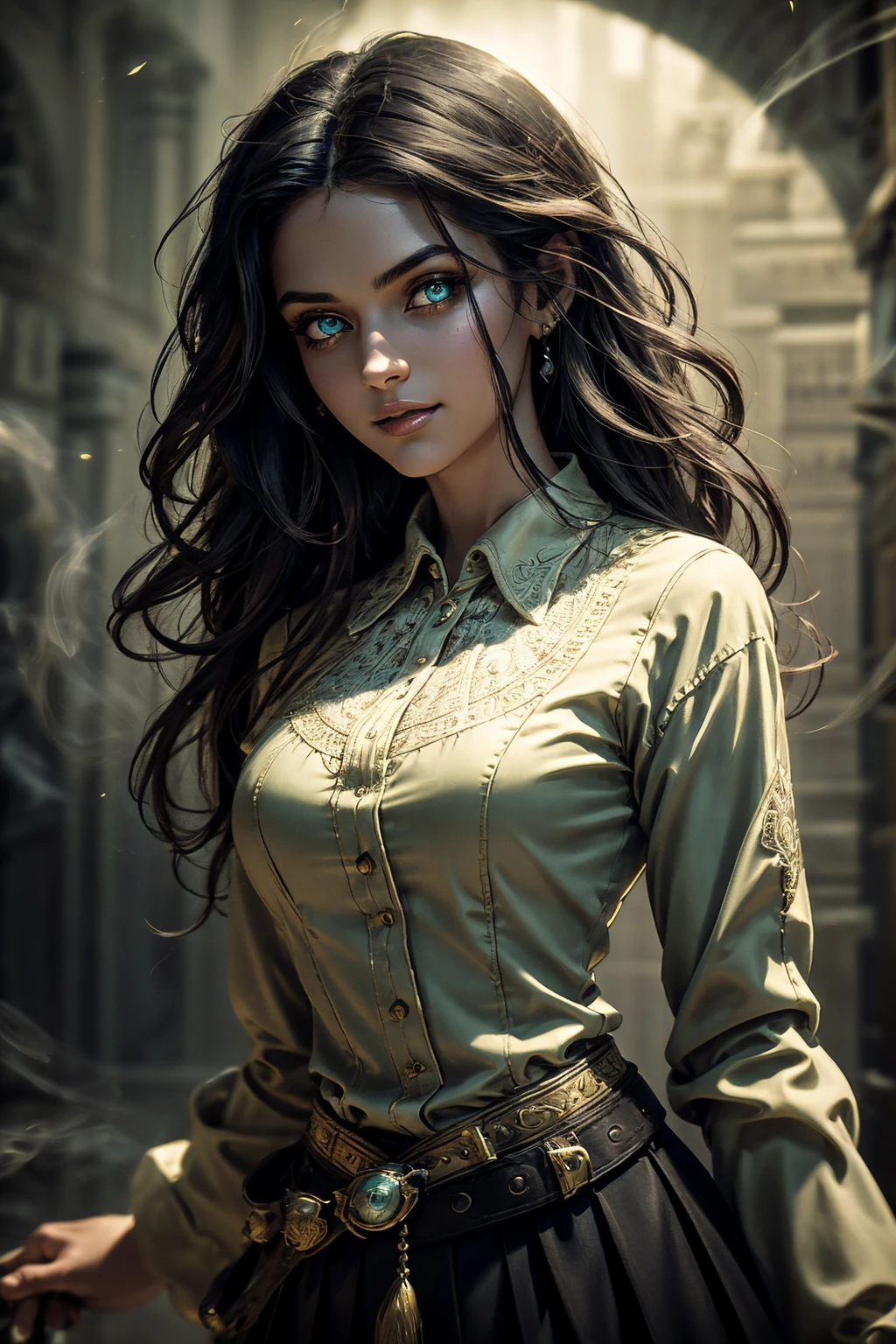 A stunning South-Indian woman, olive-skinned woman, Indian beauty, with bright green eyes, standing in swirling black smoke, with dark brown-black long wavy hair, mesmerizing features with a scary expression, finely detailed eyes, angry mood masterpiece, top quality, best quality, official art, beautiful and aesthetic:1.2), (1girl), extreme detailed,(fractal art:1.3), colorful, highest detailed, (masterpiece, best quality:1.3) professional digital painting, Unreal Engine 5. Wearing a black-buttoned-up military-trench coat. Scary void dripping from body and face black magic swirling around. Black smoke swirled around her. Purple-tinted background. In a 1920 setting, at a farm, wearing 1930 style clothing, , masterpiece, top quality, best quality, official art, beautiful and aesthetic:1.2), (1girl), extreme detailed,(fractal art:1.3), yellow, orange, pink, purple, highest detailed, (masterpiece, best quality:1.3) 1 green-eyed woman, professional digital painting, Unreal Engine 5. Wearing linen blouse, Wearing long skirt, Long hair, hopeful expression, finely detailed eyes, smiling, epic scene, epic composition, Cinematic Lighting, Volumetric Lighting, ethereal light, intricate details, extremely detailed volumetric rays. Green Eyes. [Beautiful girl, linen shirt and pants, oil painting, Detailed facial features, Sunlight, bright colors, dramatic lighting, expressive eyes and lips, High Resolution]
