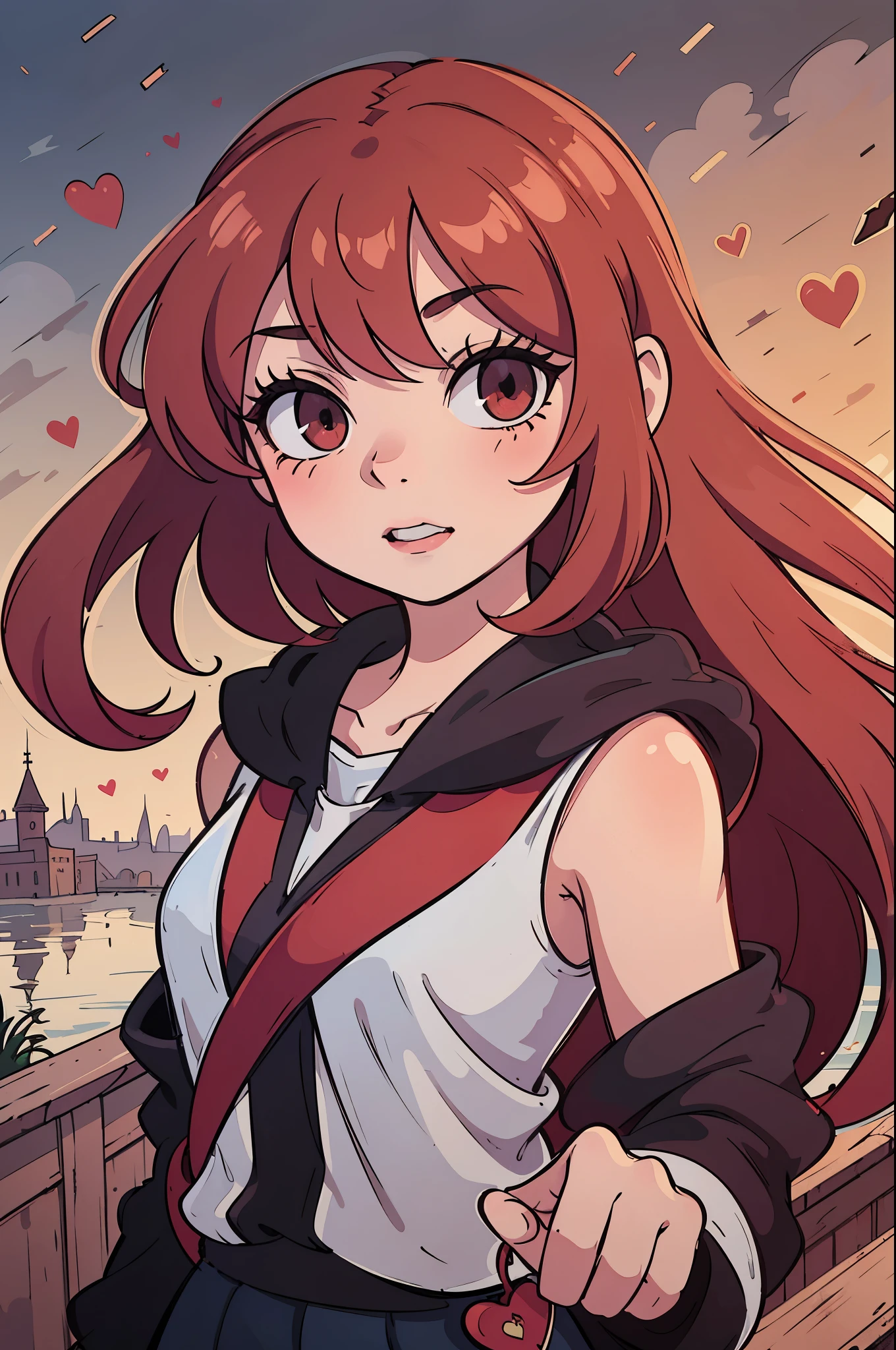red, girl, deck, hearts, princess, beautiful, Wonderland, strong red hair, anime, red eyes, cute, very beautiful