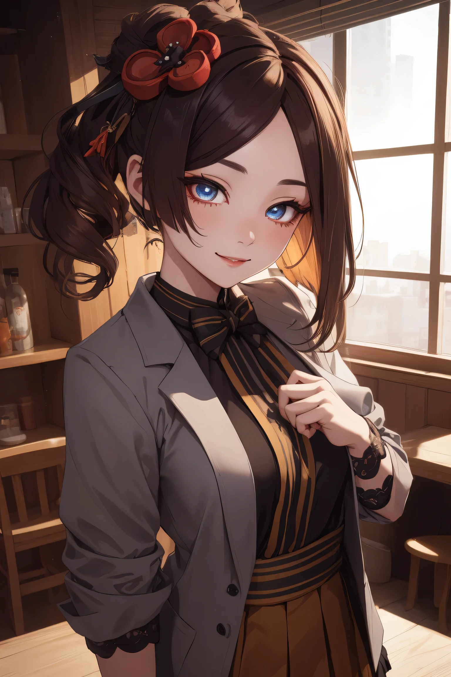 deep skin,textured skin, ,chiori gi ,red eyes ,brown hair ,hair ornament, oriental, smile,
BREAK  (bow, grey jacket, shirt, pleated skirt:1,2)
BREAK is standing、sexypose、Horizon、all-fours、ssmile,
BREAK (masterpiece:1.2), best quality, high resolution, unity 8k wallpaper, (illustration:0.8), (beautiful detailed eyes:1.6), extremely detailed face, perfect lighting, extremely detailed CG, (perfect hands, perfect anatomy),