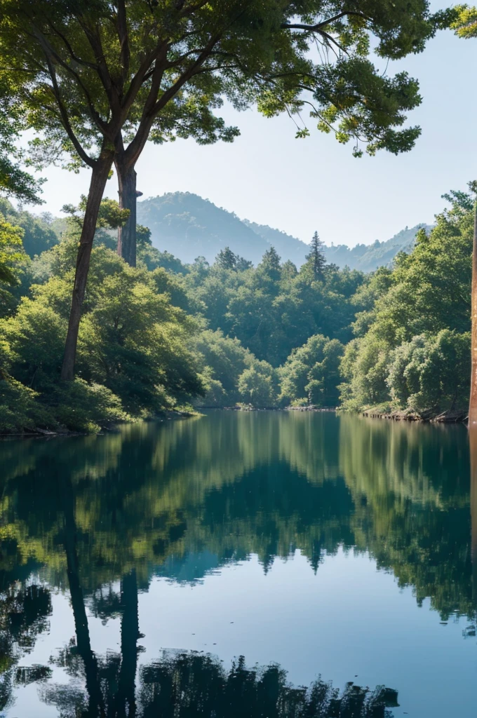 There is a crystal clear lake in the center of the deep forest.。Create a digital matte painting of a sci-fi movie forest。