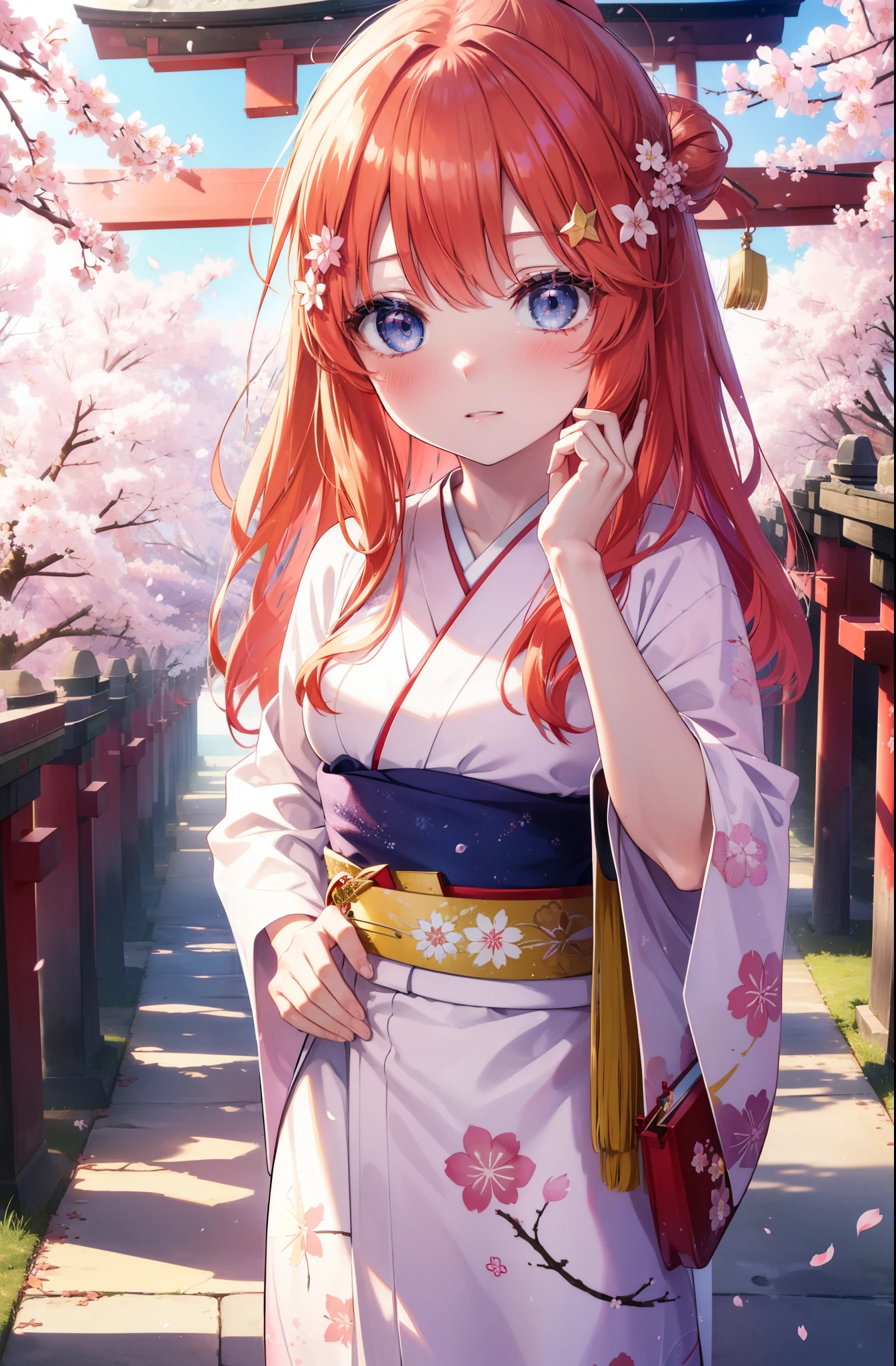 itsukinakano, Itsuki Nakano, bangs, blue eyes, hair between eyes, Ahoge,hair tied back,,long hair, redhead, star \(symbol\), hair ornaments, star hair ornaments,smile,blush,Gorgeous kimono with red floral pattern,white foot bag,Zori cherry blossoms are blooming,Cherry blossoms are scattered,Cherry blossom tree-lined path,
break outdoors, shrine,torii,
break (masterpiece:1.2), highest quality, High resolution, unity 8k wallpaper, (figure:0.8), (detailed and beautiful eyes:1.6), highly detailed face, perfect lighting, Very detailed CG, (perfect hands, perfect anatomy),