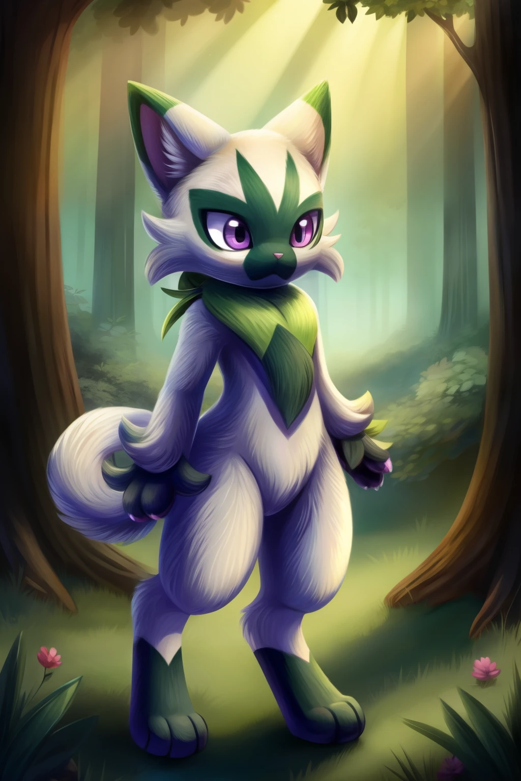 Floragato, furry pokemon, cat, feet, Only, (Body fur:1.2), (Best quality), (Detailed fluffy fur:1.1), Animal hands, tail, purple eyes, shiny, female, solo, forest background, standing position, sad