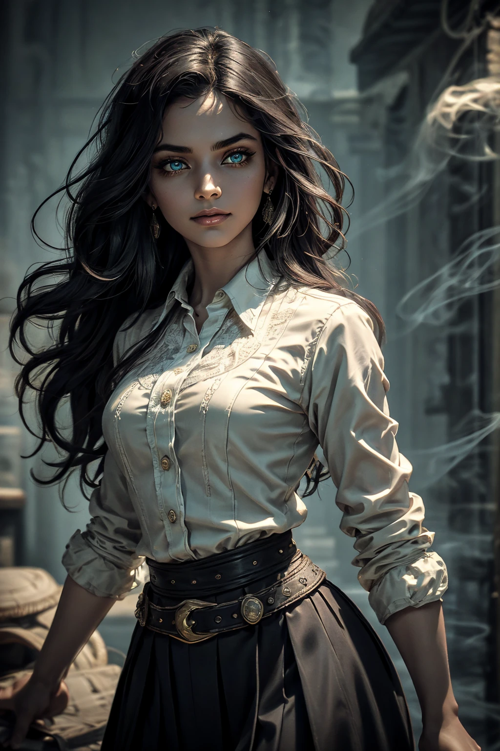 A stunning South-Indian woman, olive-skinned woman, Indian beauty, with bright green eyes, standing in swirling black smoke, with dark brown-black long wavy hair, mesmerizing features with a scary expression, finely detailed eyes, angry mood masterpiece, top quality, best quality, official art, beautiful and aesthetic:1.2), (1girl), extreme detailed,(fractal art:1.3), colorful, highest detailed, (masterpiece, best quality:1.3) professional digital painting, Unreal Engine 5. Wearing a black-buttoned-up military-trench coat. Scary void dripping from body and face black magic swirling around. Black smoke swirled around her. Purple-tinted background. In a 1920 setting, at a farm, wearing 1930 style clothing, , masterpiece, top quality, best quality, official art, beautiful and aesthetic:1.2), (1girl), extreme detailed,(fractal art:1.3), blue, gray, white, purple, teal, blue-green, highest detailed, (masterpiece, best quality:1.3) 1 green-eyed woman, professional digital painting, Unreal Engine 5. Wearing embroidered linen blouse, Wearing long pleated skirt, Long hair, hopeful expression, finely detailed eyes, smiling, epic scene, epic composition, Cinematic Lighting, Volumetric Lighting, ethereal light, intricate details, extremely detailed volumetric rays. Green Eyes. [Beautiful girl, linen shirt and pants, oil painting, Detailed facial features, Sunlight, bright colors, dramatic lighting, expressive eyes and lips, High Resolution]
