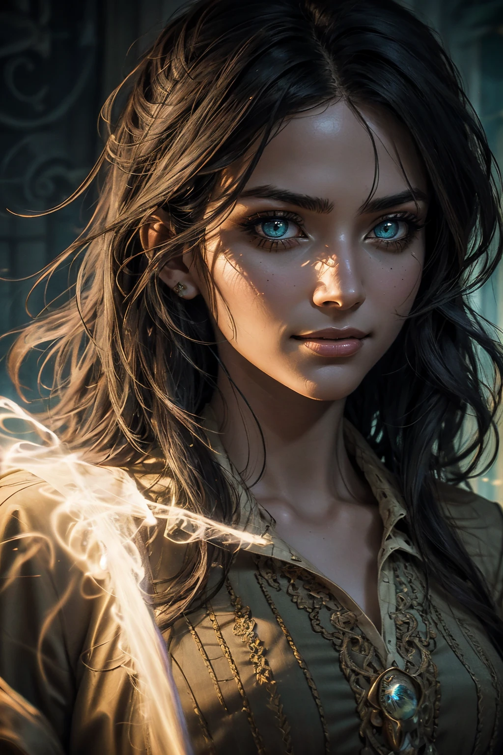 A stunning South-Indian woman, olive-skinned woman, Indian beauty, with bright green eyes, standing in swirling black smoke, with dark brown-black long wavy hair, mesmerizing features with a scary expression, finely detailed eyes, angry mood masterpiece, top quality, best quality, official art, beautiful and aesthetic:1.2), (1girl), extreme detailed,(fractal art:1.3), colorful, highest detailed, (masterpiece, best quality:1.3) professional digital painting, Unreal Engine 5. Wearing a black-buttoned-up military-trench coat. Scary void dripping from body and face black magic swirling around. Black smoke swirled around her. Purple-tinted background. In a 1920 setting, at a farm, wearing 1930 style clothing, , masterpiece, top quality, best quality, official art, beautiful and aesthetic:1.2), (1girl), extreme detailed,(fractal art:1.3), blue, gray, white, purple, teal, blue-green, highest detailed, (masterpiece, best quality:1.3) 1 green-eyed woman, professional digital painting, Unreal Engine 5. Wearing embroidered linen blouse, Wearing long pleated skirt, Long hair, hopeful expression, finely detailed eyes, smiling, epic scene, epic composition, Cinematic Lighting, Volumetric Lighting, ethereal light, intricate details, extremely detailed volumetric rays. Green Eyes. [Beautiful girl, linen shirt and pants, oil painting, Detailed facial features, Sunlight, bright colors, dramatic lighting, expressive eyes and lips, High Resolution]
