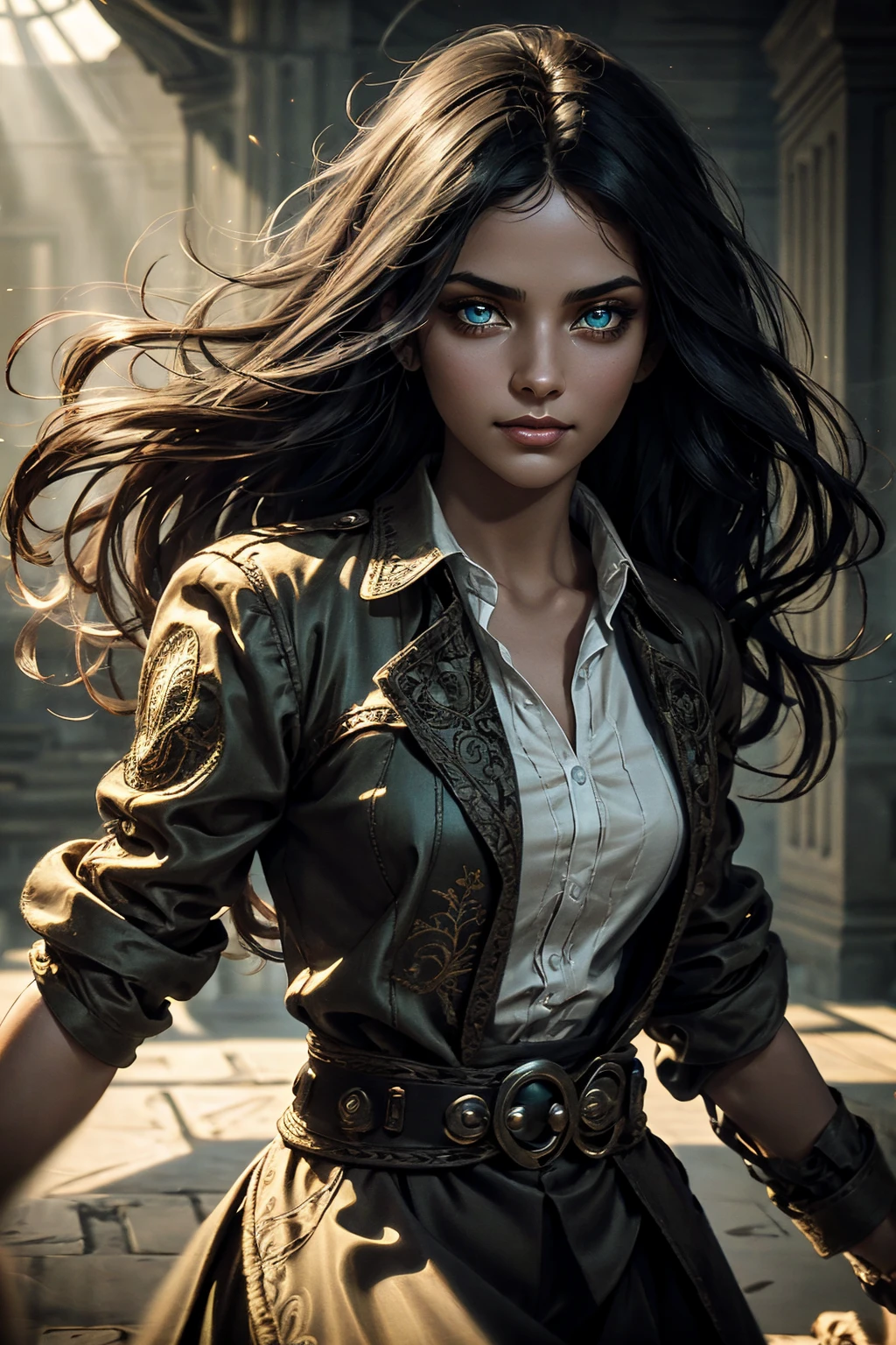 A stunning South-Indian woman, olive-skinned woman, Indian beauty, with bright green eyes, standing in swirling black smoke, with dark brown-black long wavy hair, mesmerizing features with a scary expression, finely detailed eyes, angry mood masterpiece, top quality, best quality, official art, beautiful and aesthetic:1.2), (1girl), extreme detailed,(fractal art:1.3), colorful, highest detailed, (masterpiece, best quality:1.3) professional digital painting, Unreal Engine 5. Wearing a black-buttoned-up military-trench coat. Scary void dripping from body and face black magic swirling around. Black smoke swirled around her. Purple-tinted background. In a 1920 setting, at a farm, wearing 1930 style clothing, , masterpiece, top quality, best quality, official art, beautiful and aesthetic:1.2), (1girl), extreme detailed,(fractal art:1.3), blue, gray, white, purple, teal, blue-green, highest detailed, (masterpiece, best quality:1.3) 1 green-eyed woman, professional digital painting, Unreal Engine 5. Wearing embroidered linen blouse, Wearing long pleated skirt, Long hair, hopeful expression, finely detailed eyes, smiling, epic scene, epic composition, Cinematic Lighting, Volumetric Lighting, ethereal light, intricate details, extremely detailed volumetric rays. Green Eyes. [Beautiful girl, linen shirt and pants, oil painting, Detailed facial features, Sunlight, bright colors, dramatic lighting, expressive eyes and lips, High Resolution]
