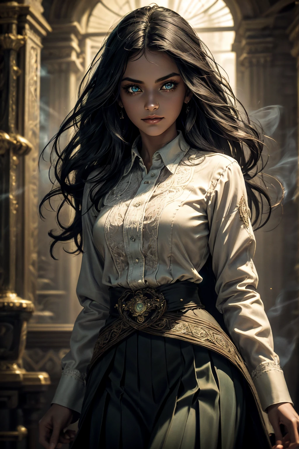 A stunning South-Indian woman, olive-skinned woman, Indian beauty, with bright green eyes, standing in swirling black smoke, with dark brown-black long wavy hair, mesmerizing features with a scary expression, finely detailed eyes, angry mood masterpiece, top quality, best quality, official art, beautiful and aesthetic:1.2), (1girl), extreme detailed,(fractal art:1.3), colorful, highest detailed, (masterpiece, best quality:1.3) professional digital painting, Unreal Engine 5. Wearing a black-buttoned-up military-trench coat. Scary void dripping from body and face black magic swirling around. Black smoke swirled around her. Purple-tinted background. In a 1920 setting, at a farm, wearing 1930 style clothing, , masterpiece, top quality, best quality, official art, beautiful and aesthetic:1.2), (1girl), extreme detailed,(fractal art:1.3), blue, gray, white, purple, teal, blue-green, highest detailed, (masterpiece, best quality:1.3) 1 green-eyed woman, professional digital painting, Unreal Engine 5. Wearing embroidered linen blouse, Wearing long pleated skirt, Long hair, hopeful expression, finely detailed eyes, smiling, epic scene, epic composition, Cinematic Lighting, Volumetric Lighting, ethereal light, intricate details, extremely detailed volumetric rays. Green Eyes. [Beautiful girl, linen shirt and pants, oil painting, Detailed facial features, Sunlight, bright colors, dramatic lighting, expressive eyes and lips, High Resolution]
