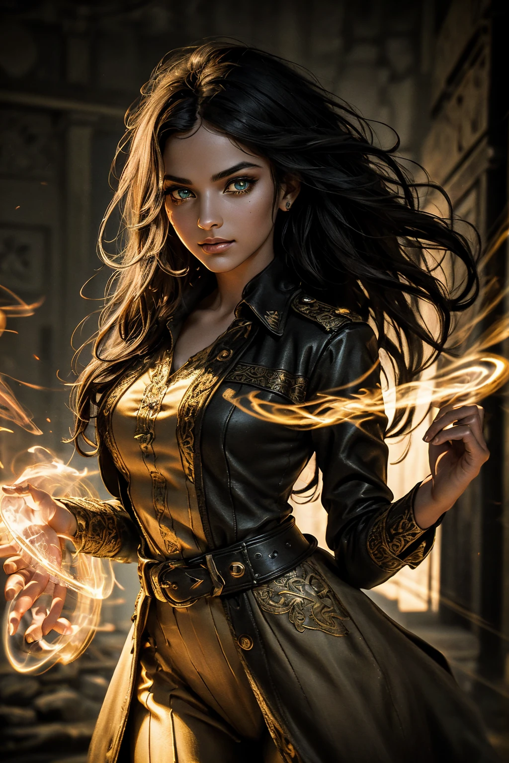 A stunning South-Indian woman, olive-skinned woman, Indian beauty, with bright green eyes, standing in swirling black smoke, with dark brown-black long wavy hair, mesmerizing features with a scary expression, finely detailed eyes, angry mood masterpiece, top quality, best quality, official art, beautiful and aesthetic:1.2), (1girl), extreme detailed,(fractal art:1.3), colorful, highest detailed, (masterpiece, best quality:1.3) professional digital painting, Unreal Engine 5. Wearing a black-buttoned-up military-trench coat. Scary void dripping from body and face black magic swirling around. Black smoke swirled around her. Purple-tinted background. In a 1920 setting, at a farm, wearing 1930 style clothing, , masterpiece, top quality, best quality, official art, beautiful and aesthetic:1.2), (1girl), extreme detailed,(fractal art:1.3), blue, gray, white, purple, teal, blue-green, highest detailed, (masterpiece, best quality:1.3) 1 green-eyed woman, professional digital painting, Unreal Engine 5. Wearing embroidered linen blouse, Wearing long pleated skirt, Long hair, hopeful expression, finely detailed eyes, smiling, epic scene, epic composition, Cinematic Lighting, Volumetric Lighting, ethereal light, intricate details, extremely detailed volumetric rays. Green Eyes. [Beautiful girl, linen shirt and pants, oil painting, Detailed facial features, Sunlight, bright colors, dramatic lighting, expressive eyes and lips, High Resolution]
