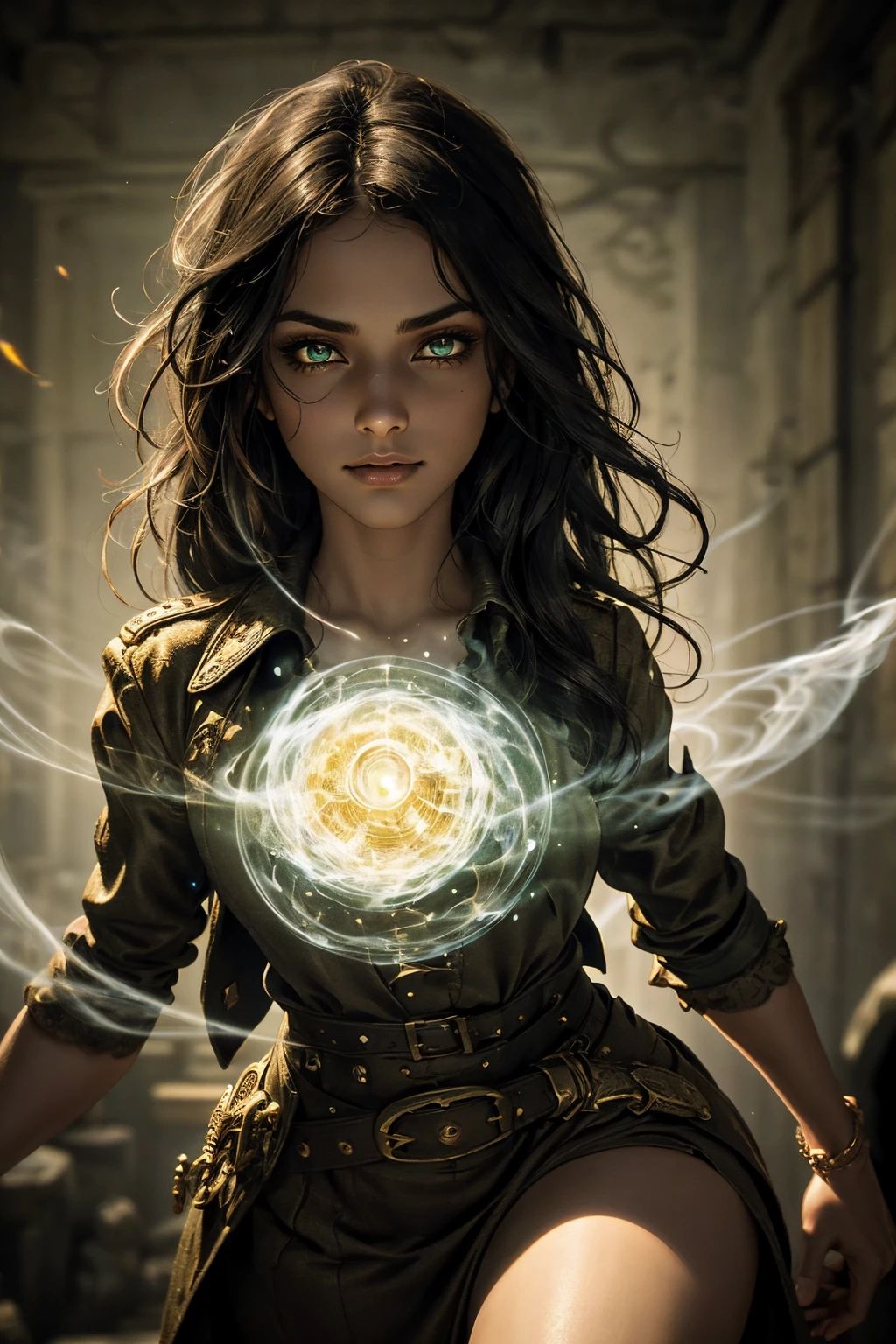 A stunning South-Indian woman, olive-skinned woman, Indian beauty, with bright green eyes, standing in swirling black smoke, with dark brown-black long wavy hair, mesmerizing features with a scary expression, finely detailed eyes, angry mood masterpiece, top quality, best quality, official art, beautiful and aesthetic:1.2), (1girl), extreme detailed,(fractal art:1.3), colorful, highest detailed, (masterpiece, best quality:1.3) professional digital painting, Unreal Engine 5. Wearing a black-buttoned-up military-trench coat. Scary void dripping from body and face black magic swirling around. Black smoke swirled around her. Purple-tinted background. In a 1920 setting, at a farm, wearing 1930 style clothing, , masterpiece, top quality, best quality, official art, beautiful and aesthetic:1.2), (1girl), extreme detailed,(fractal art:1.3), blue, gray, white, purple, teal, blue-green, highest detailed, (masterpiece, best quality:1.3) 1 green-eyed woman, professional digital painting, Unreal Engine 5. Wearing embroidered linen blouse, Wearing long pleated skirt, Long hair, hopeful expression, finely detailed eyes, smiling, epic scene, epic composition, Cinematic Lighting, Volumetric Lighting, ethereal light, intricate details, extremely detailed volumetric rays. Green Eyes. [Beautiful girl, linen shirt and pants, oil painting, Detailed facial features, Sunlight, bright colors, dramatic lighting, expressive eyes and lips, High Resolution]
