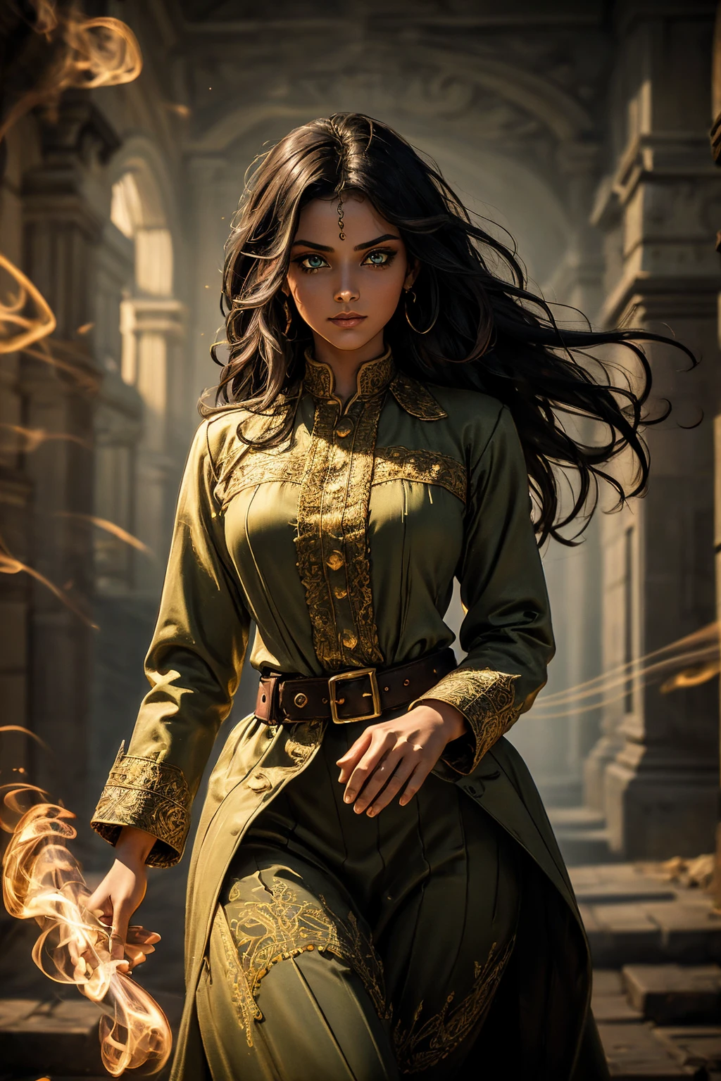 A stunning South-Indian woman, olive-skinned woman, Indian beauty, with bright green eyes, standing in swirling black smoke, with dark brown-black long wavy hair, mesmerizing features with a scary expression, finely detailed eyes, angry mood masterpiece, top quality, best quality, official art, beautiful and aesthetic:1.2), (1girl), extreme detailed,(fractal art:1.3), colorful, highest detailed, (masterpiece, best quality:1.3) professional digital painting, Unreal Engine 5. Wearing a black-buttoned-up military-trench coat. Scary void dripping from body and face black magic swirling around. Black smoke swirled around her. Purple-tinted background. In a 1920 setting, at a farm, wearing 1930 style clothing, , masterpiece, top quality, best quality, official art, beautiful and aesthetic:1.2), (1girl), extreme detailed,(fractal art:1.3), yellow, orange, pink, purple, highest detailed, (masterpiece, best quality:1.3) 1 green-eyed woman, professional digital painting, Unreal Engine 5. Wearing linen blouse, Wearing long skirt, Long hair, hopeful expression, finely detailed eyes, smiling, epic scene, epic composition, Cinematic Lighting, Volumetric Lighting, ethereal light, intricate details, extremely detailed volumetric rays. Green Eyes. [Beautiful girl, linen shirt and pants, oil painting, Detailed facial features, Sunlight, bright colors, dramatic lighting, expressive eyes and lips, High Resolution]
