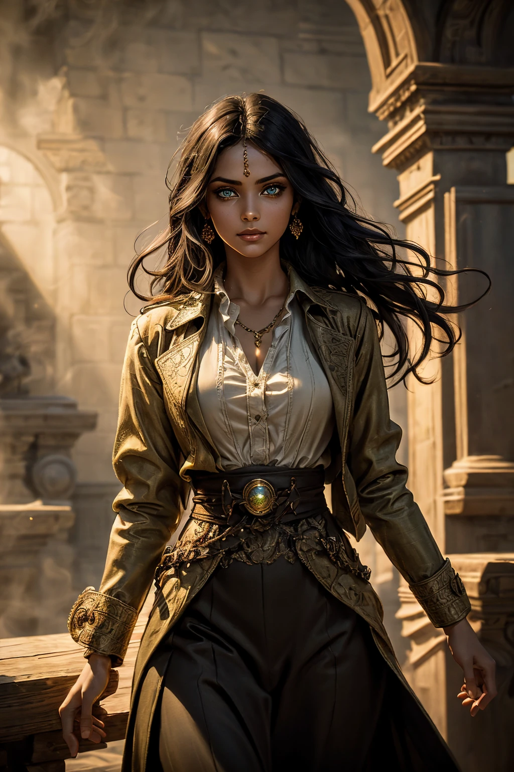 A stunning South-Indian woman, olive-skinned woman, Indian beauty, with bright green eyes, standing in swirling black smoke, with dark brown-black long wavy hair, mesmerizing features with a scary expression, finely detailed eyes, angry mood masterpiece, top quality, best quality, official art, beautiful and aesthetic:1.2), (1girl), extreme detailed,(fractal art:1.3), colorful, highest detailed, (masterpiece, best quality:1.3) professional digital painting, Unreal Engine 5. Wearing a black-buttoned-up military-trench coat. Scary void dripping from body and face black magic swirling around. Black smoke swirled around her. Purple-tinted background. In a 1920 setting, at a farm, wearing 1930 style clothing, , masterpiece, top quality, best quality, official art, beautiful and aesthetic:1.2), (1girl), extreme detailed,(fractal art:1.3), yellow, orange, pink, purple, highest detailed, (masterpiece, best quality:1.3) 1 green-eyed woman, professional digital painting, Unreal Engine 5. Wearing linen blouse, Wearing long skirt, Long hair, hopeful expression, finely detailed eyes, smiling, epic scene, epic composition, Cinematic Lighting, Volumetric Lighting, ethereal light, intricate details, extremely detailed volumetric rays. Green Eyes. [Beautiful girl, linen shirt and pants, oil painting, Detailed facial features, Sunlight, bright colors, dramatic lighting, expressive eyes and lips, High Resolution]

