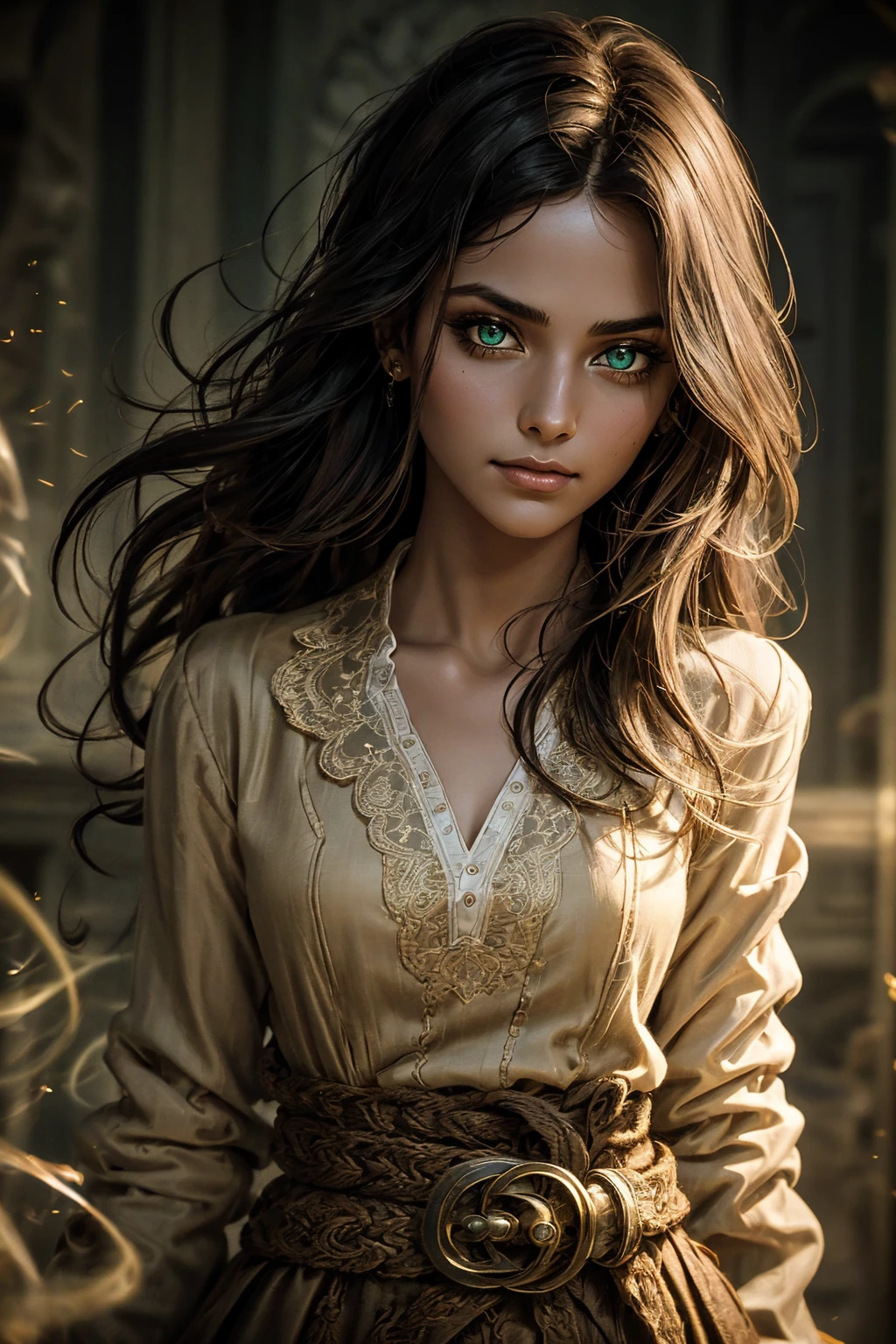 A stunning South-Indian woman, olive-skinned woman, Indian beauty, with bright green eyes, standing in swirling black smoke, with dark brown-black long wavy hair, mesmerizing features with a scary expression, finely detailed eyes, angry mood masterpiece, top quality, best quality, official art, beautiful and aesthetic:1.2), (1girl), extreme detailed,(fractal art:1.3), colorful, highest detailed, (masterpiece, best quality:1.3) professional digital painting, Unreal Engine 5. Wearing a black-buttoned-up military-trench coat. Scary void dripping from body and face black magic swirling around. Black smoke swirled around her. Purple-tinted background. In a 1920 setting, at a farm, wearing 1930 style clothing, , masterpiece, top quality, best quality, official art, beautiful and aesthetic:1.2), (1girl), extreme detailed,(fractal art:1.3), yellow, orange, pink, purple, highest detailed, (masterpiece, best quality:1.3) 1 green-eyed woman, professional digital painting, Unreal Engine 5. Wearing linen blouse, Wearing long skirt, Long hair, hopeful expression, finely detailed eyes, smiling, epic scene, epic composition, Cinematic Lighting, Volumetric Lighting, ethereal light, intricate details, extremely detailed volumetric rays. Green Eyes. [Beautiful girl, linen shirt and pants, oil painting, Detailed facial features, Sunlight, bright colors, dramatic lighting, expressive eyes and lips, High Resolution]
