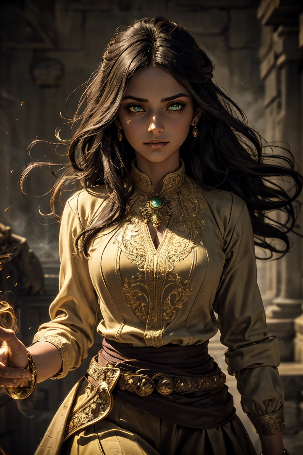 A stunning South-Indian woman, olive-skinned woman, Indian beauty, with bright green eyes, standing in swirling black smoke, with dark brown-black long wavy hair, mesmerizing features with a scary expression, finely detailed eyes, angry mood masterpiece, top quality, best quality, official art, beautiful and aesthetic:1.2), (1girl), extreme detailed,(fractal art:1.3), colorful, highest detailed, (masterpiece, best quality:1.3) professional digital painting, Unreal Engine 5. Wearing a black-buttoned-up military-trench coat. Scary void dripping from body and face black magic swirling around. Black smoke swirled around her. Purple-tinted background. In a 1920 setting, at a farm, wearing 1930 style clothing, , masterpiece, top quality, best quality, official art, beautiful and aesthetic:1.2), (1girl), extreme detailed,(fractal art:1.3), yellow, orange, pink, purple, highest detailed, (masterpiece, best quality:1.3) 1 green-eyed woman, professional digital painting, Unreal Engine 5. Wearing linen blouse, Wearing long skirt, Long hair, hopeful expression, finely detailed eyes, smiling, epic scene, epic composition, Cinematic Lighting, Volumetric Lighting, ethereal light, intricate details, extremely detailed volumetric rays. Green Eyes. [Beautiful girl, linen shirt and pants, oil painting, Detailed facial features, Sunlight, bright colors, dramatic lighting, expressive eyes and lips, High Resolution]
