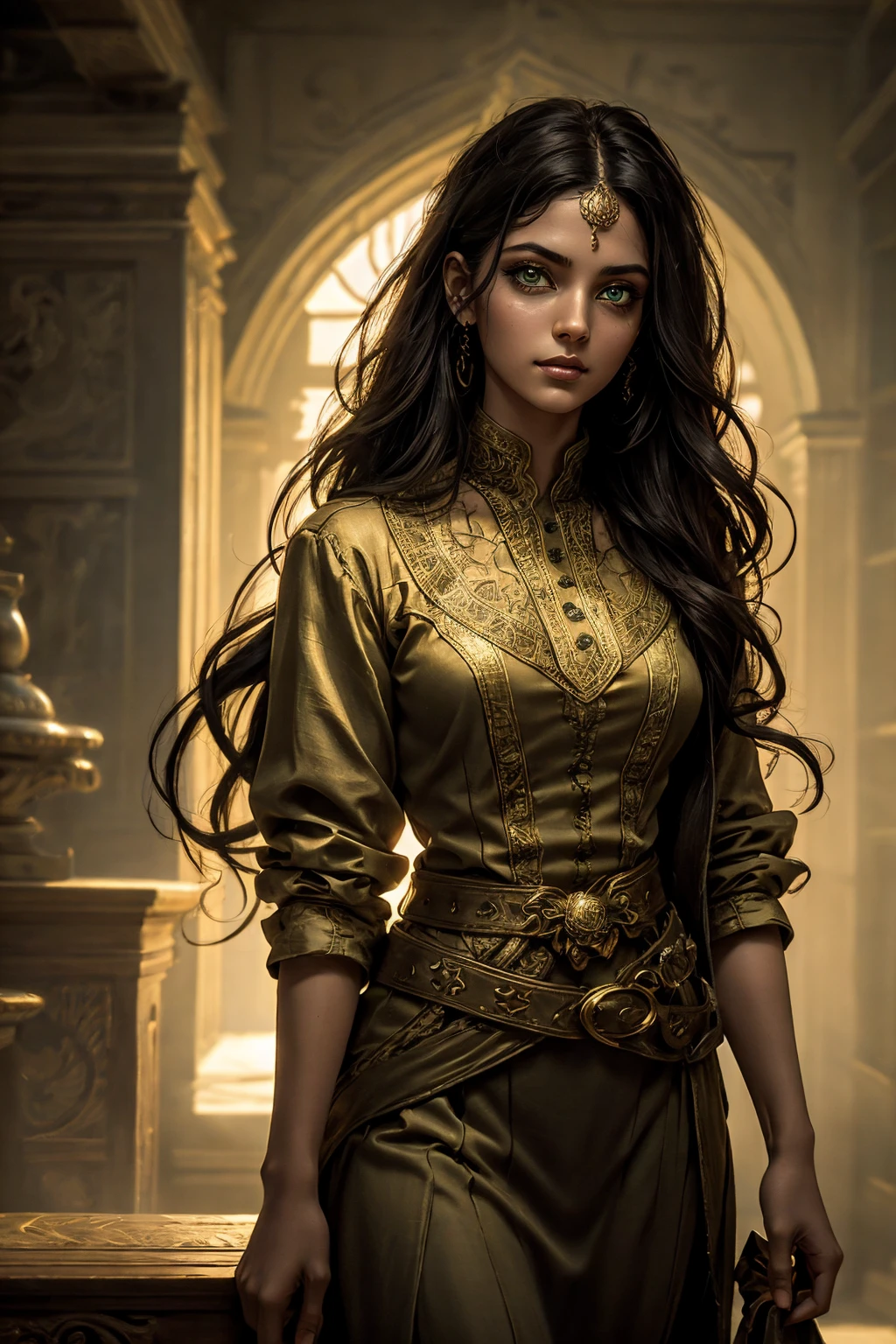 A stunning South-Indian woman, olive-skinned woman, Indian beauty, with bright green eyes, standing in swirling black smoke, with dark brown-black long wavy hair, mesmerizing features with a scary expression, finely detailed eyes, angry mood masterpiece, top quality, best quality, official art, beautiful and aesthetic:1.2), (1girl), extreme detailed,(fractal art:1.3), colorful, highest detailed, (masterpiece, best quality:1.3) professional digital painting, Unreal Engine 5. Wearing a black-buttoned-up military-trench coat. Scary void dripping from body and face black magic swirling around. Black smoke swirled around her. Purple-tinted background. In a 1920 setting, at a farm, wearing 1930 style clothing, , masterpiece, top quality, best quality, official art, beautiful and aesthetic:1.2), (1girl), extreme detailed,(fractal art:1.3), yellow, orange, pink, purple, highest detailed, (masterpiece, best quality:1.3) 1 green-eyed woman, professional digital painting, Unreal Engine 5. Wearing linen blouse, Wearing long skirt, Long hair, hopeful expression, finely detailed eyes, smiling, epic scene, epic composition, Cinematic Lighting, Volumetric Lighting, ethereal light, intricate details, extremely detailed volumetric rays. Green Eyes. [Beautiful girl, linen shirt and pants, oil painting, Detailed facial features, Sunlight, bright colors, dramatic lighting, expressive eyes and lips, High Resolution]
