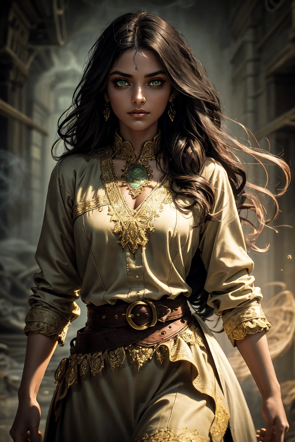 A stunning South-Indian woman, olive-skinned woman, Indian beauty, with bright green eyes, standing in swirling black smoke, with dark brown-black long wavy hair, mesmerizing features with a scary expression, finely detailed eyes, angry mood masterpiece, top quality, best quality, official art, beautiful and aesthetic:1.2), (1girl), extreme detailed,(fractal art:1.3), colorful, highest detailed, (masterpiece, best quality:1.3) professional digital painting, Unreal Engine 5. Wearing a black-buttoned-up military-trench coat. Scary void dripping from body and face black magic swirling around. Black smoke swirled around her. Purple-tinted background. In a 1920 setting, at a farm, wearing 1930 style clothing, , masterpiece, top quality, best quality, official art, beautiful and aesthetic:1.2), (1girl), extreme detailed,(fractal art:1.3), yellow, orange, pink, purple, highest detailed, (masterpiece, best quality:1.3) 1 green-eyed woman, professional digital painting, Unreal Engine 5. Wearing linen blouse, Wearing long skirt, Long hair, hopeful expression, finely detailed eyes, smiling, epic scene, epic composition, Cinematic Lighting, Volumetric Lighting, ethereal light, intricate details, extremely detailed volumetric rays. Green Eyes. [Beautiful girl, linen shirt and pants, oil painting, Detailed facial features, Sunlight, bright colors, dramatic lighting, expressive eyes and lips, High Resolution]
