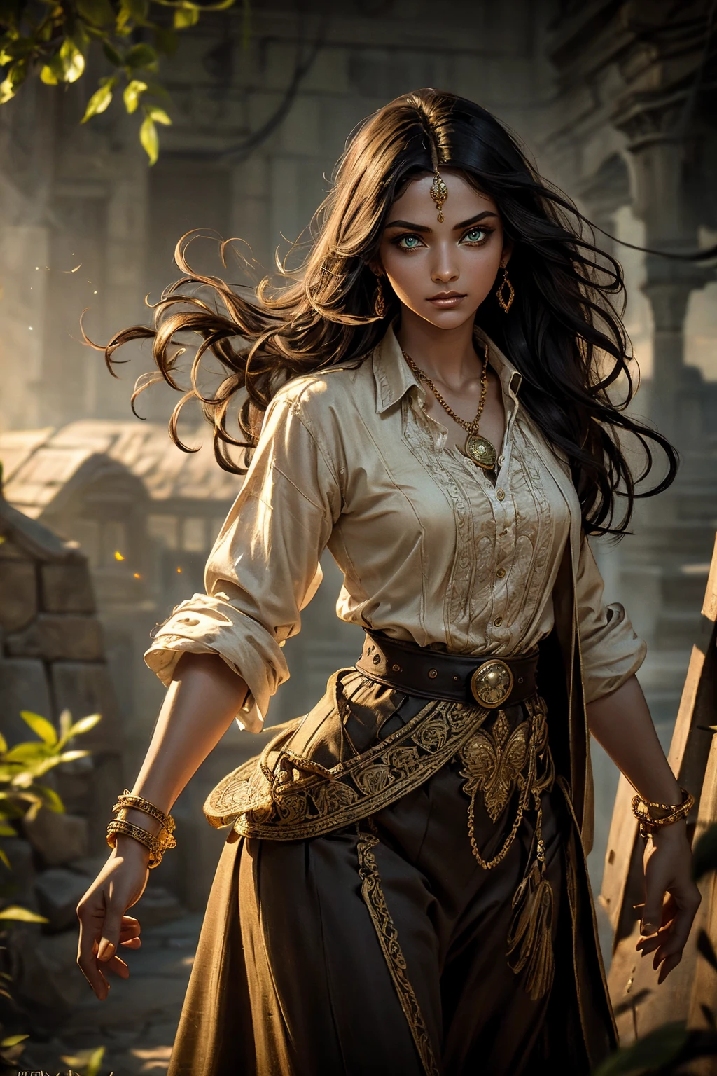 A stunning South-Indian woman, olive-skinned woman, Indian beauty, with bright green eyes, standing in swirling black smoke, with dark brown-black long wavy hair, mesmerizing features with a scary expression, finely detailed eyes, angry mood masterpiece, top quality, best quality, official art, beautiful and aesthetic:1.2), (1girl), extreme detailed,(fractal art:1.3), colorful, highest detailed, (masterpiece, best quality:1.3) professional digital painting, Unreal Engine 5. Wearing a black-buttoned-up military-trench coat. Scary void dripping from body and face black magic swirling around. Black smoke swirled around her. Purple-tinted background. In a 1920 setting, at a farm, wearing 1930 style clothing, , masterpiece, top quality, best quality, official art, beautiful and aesthetic:1.2), (1girl), extreme detailed,(fractal art:1.3), pink, purple, highest detailed, (masterpiece, best quality:1.3) 1 green-eyed woman, professional digital painting, Unreal Engine 5. Wearing linen blouse, Wearing long skirt, Long hair, hopeful expression, finely detailed eyes, smiling, epic scene, epic composition, Cinematic Lighting, Volumetric Lighting, ethereal light, intricate details, extremely detailed volumetric rays. Green Eyes. [Beautiful girl, linen shirt and pants, oil painting, Detailed facial features, Sunlight, bright colors, dramatic lighting, expressive eyes and lips, High Resolution]
