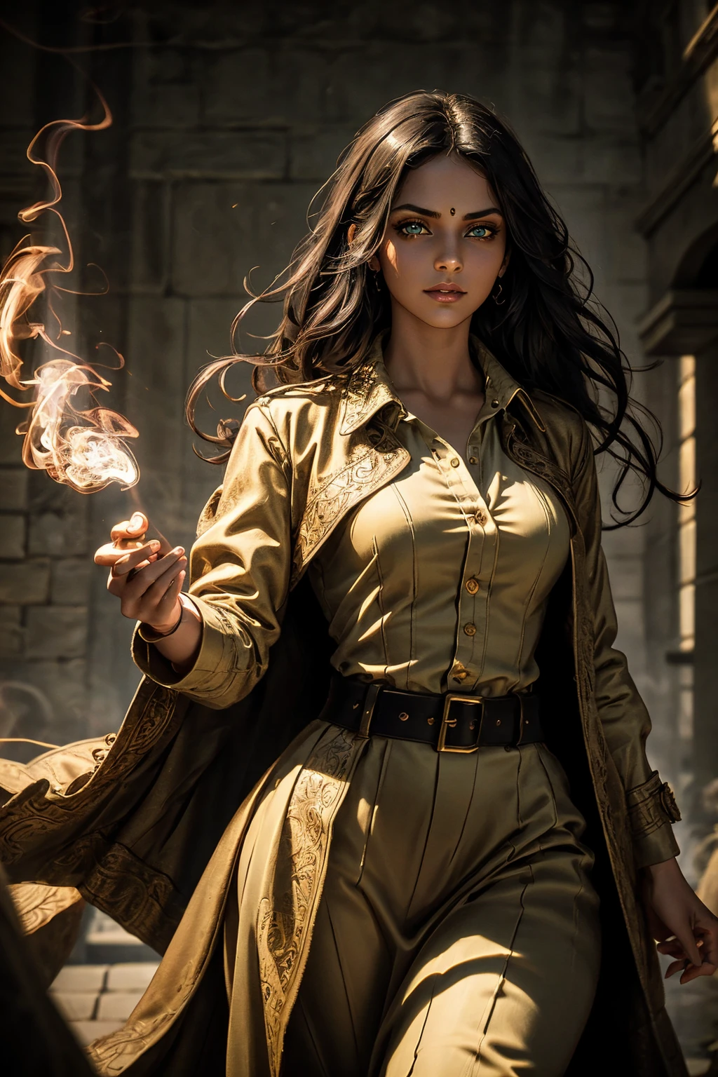 A stunning South-Indian woman, olive-skinned woman, Indian beauty, with bright green eyes, standing in swirling black smoke, with dark brown-black long wavy hair, mesmerizing features with a scary expression, finely detailed eyes, angry mood masterpiece, top quality, best quality, official art, beautiful and aesthetic:1.2), (1girl), extreme detailed,(fractal art:1.3), colorful, highest detailed, (masterpiece, best quality:1.3) professional digital painting, Unreal Engine 5. Wearing a black-buttoned-up military-trench coat. Scary void dripping from body and face black magic swirling around. Black smoke swirled around her. Purple-tinted background. In a 1920 setting, at a farm, wearing 1930 style clothing, , masterpiece, top quality, best quality, official art, beautiful and aesthetic:1.2), (1girl), extreme detailed,(fractal art:1.3), yellow, orange, pink, purple, highest detailed, (masterpiece, best quality:1.3) 1 green-eyed woman, professional digital painting, Unreal Engine 5. Wearing linen blouse, Wearing long skirt, Long hair, hopeful expression, finely detailed eyes, smiling, epic scene, epic composition, Cinematic Lighting, Volumetric Lighting, ethereal light, intricate details, extremely detailed volumetric rays. Green Eyes. [Beautiful girl, linen shirt and pants, oil painting, Detailed facial features, Sunlight, bright colors, dramatic lighting, expressive eyes and lips, High Resolution]
