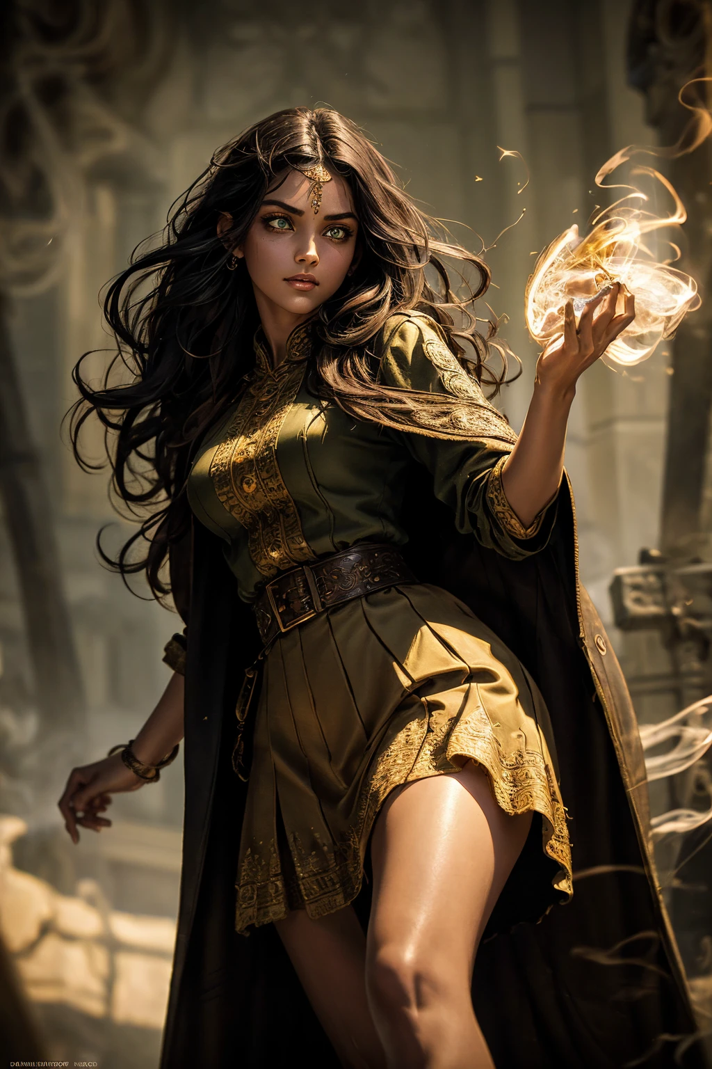 A stunning South-Indian woman, olive-skinned woman, Indian beauty, with bright green eyes, standing in swirling black smoke, with dark brown-black long wavy hair, mesmerizing features with a scary expression, finely detailed eyes, angry mood masterpiece, top quality, best quality, official art, beautiful and aesthetic:1.2), (1girl), extreme detailed,(fractal art:1.3), colorful, highest detailed, (masterpiece, best quality:1.3) professional digital painting, Unreal Engine 5. Wearing a black-buttoned-up military-trench coat. Scary void dripping from body and face black magic swirling around. Black smoke swirled around her. Purple-tinted background. In a 1920 setting, at a farm, wearing 1930 style clothing, , masterpiece, top quality, best quality, official art, beautiful and aesthetic:1.2), (1girl), extreme detailed,(fractal art:1.3), pink, purple, highest detailed, (masterpiece, best quality:1.3) 1 green-eyed woman, professional digital painting, Unreal Engine 5. Wearing linen blouse, Wearing long skirt, Long hair, hopeful expression, finely detailed eyes, smiling, epic scene, epic composition, Cinematic Lighting, Volumetric Lighting, ethereal light, intricate details, extremely detailed volumetric rays. Green Eyes. [Beautiful girl, linen shirt and pants, oil painting, Detailed facial features, Sunlight, bright colors, dramatic lighting, expressive eyes and lips, High Resolution]
