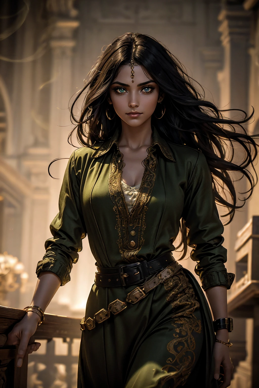 A stunning South-Indian woman, olive-skinned woman, Indian beauty, with bright green eyes, standing in swirling black smoke, with dark brown-black long wavy hair, mesmerizing features with a scary expression, finely detailed eyes, angry mood masterpiece, top quality, best quality, official art, beautiful and aesthetic:1.2), (1girl), extreme detailed,(fractal art:1.3), colorful, highest detailed, (masterpiece, best quality:1.3) professional digital painting, Unreal Engine 5. Wearing a black-buttoned-up military-trench coat. Scary void dripping from body and face black magic swirling around. Black smoke swirled around her. Purple-tinted background. In a 1920 setting, at a farm, wearing 1930 style clothing, , masterpiece, top quality, best quality, official art, beautiful and aesthetic:1.2), (1girl), extreme detailed,(fractal art:1.3), pink, purple, highest detailed, (masterpiece, best quality:1.3) 1 green-eyed woman, professional digital painting, Unreal Engine 5. Wearing linen blouse, Wearing long skirt, Long hair, hopeful expression, finely detailed eyes, smiling, epic scene, epic composition, Cinematic Lighting, Volumetric Lighting, ethereal light, intricate details, extremely detailed volumetric rays. Green Eyes. [Beautiful girl, linen shirt and pants, oil painting, Detailed facial features, Sunlight, bright colors, dramatic lighting, expressive eyes and lips, High Resolution]
