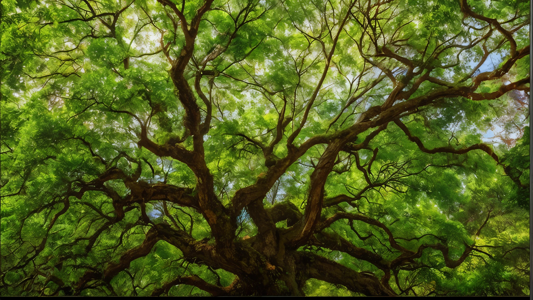 a close-up of a large tree with many green leaves, ramos intrincados, big green tree, The treetops of giant oaks, ramos sinuosos, ramification, com filiais! reaching for the sky, A beautiful tree, tree branches intertwine limbs, ramos pendentes, the life tree, breathtaking beautiful trees, breath - taking beautiful trees, rich tree