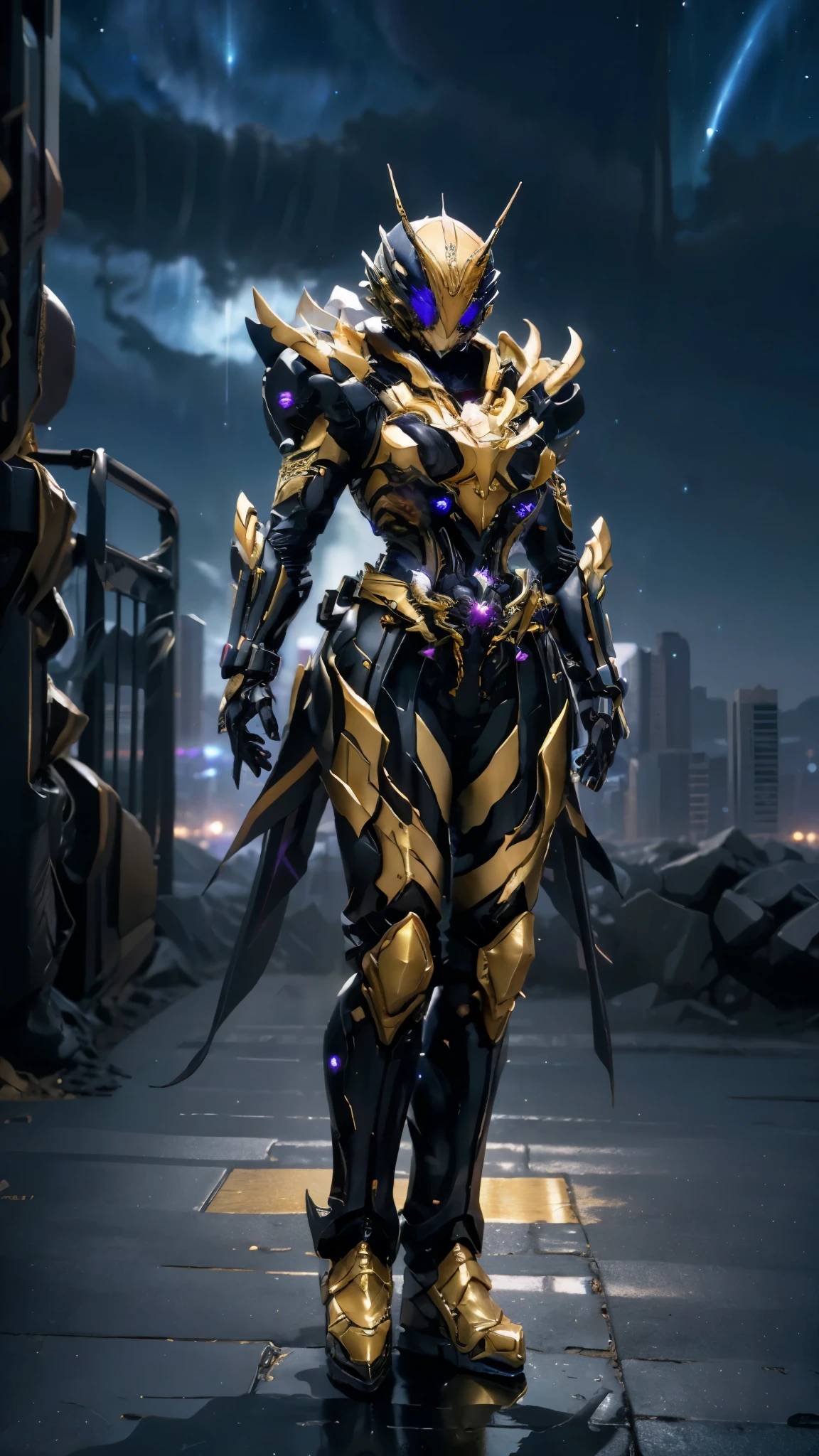 A woman adorned in fantasy-style full-body armor, a crown-concept fully enclosed helmet that unveils only her eyes, a composite layered chest plate, fully encompassing shoulder and hand guards, a lightweight waist armor, form-fitting shin guards, the overall design is heavy-duty yet flexible, ((the armor gleams with a golden glow, complemented by red and blue accents)), exhibiting a noble aura, she floats above a fantasy-surreal high-tech city, this character embodies a finely crafted fantasy-surreal style armored hero in anime style, exquisite and mature manga art style, (Queen bee mixed with Spider concept Armor, photorealistic:1.2, real texture material:1.2), ((night sky, city night view, elegant, goddess, femminine:1.5)), Unreal Engine 5, metallic, high definition, best quality, highres, ultra-detailed, ultra-fine painting, extremely delicate, professional, anatomically correct, symmetrical face, extremely detailed eyes and face, high quality eyes, creativity, RAW photo, UHD, 32k, Natural light, cinematic lighting, masterpiece-anatomy-perfect, masterpiece:1.5