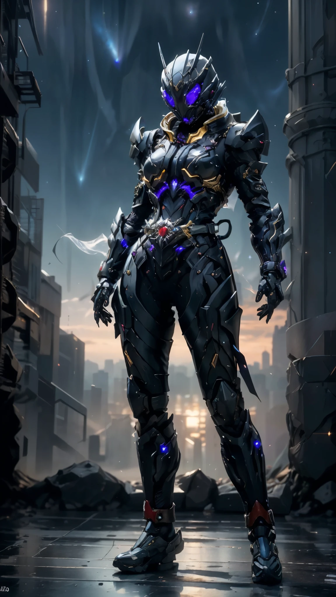 A woman adorned in fantasy-style full-body armor, a crown-concept fully enclosed helmet that unveils only her eyes, a composite layered chest plate, fully encompassing shoulder and hand guards, a lightweight waist armor, form-fitting shin guards, the overall design is heavy-duty yet flexible, ((the armor gleams with a golden glow, complemented by red and blue accents)), exhibiting a noble aura, she floats above a fantasy-surreal high-tech city, this character embodies a finely crafted fantasy-surreal style armored hero in anime style, exquisite and mature manga art style, (Queen bee mixed with Spider concept Armor, photorealistic:1.2, real texture material:1.2), ((night sky, city night view, elegant, goddess, femminine:1.5)), Unreal Engine 5, metallic, high definition, best quality, highres, ultra-detailed, ultra-fine painting, extremely delicate, professional, anatomically correct, symmetrical face, extremely detailed eyes and face, high quality eyes, creativity, RAW photo, UHD, 32k, Natural light, cinematic lighting, masterpiece-anatomy-perfect, masterpiece:1.5