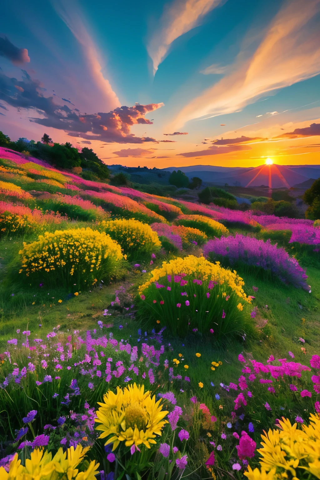 You can see a beautiful sunset, The hillside is covered with flowers and plants, flowers are nearby, colorful sky, surreal colors, Colorful sunset, colorful sky, wonderful skyの反射, wonderful sky, Fantastic atmosphere 8K, colorful clouds, colors reflected in the lake, surreal sky, red and blue reflections, fire reflection, beautiful sky, beautiful and spectacular sunset, Beautiful dream landscape, wonderful sky
