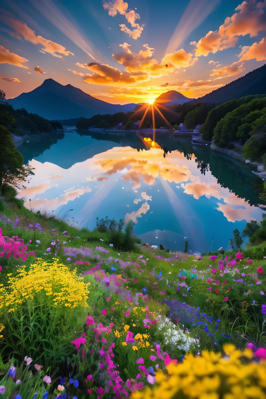 You can see a beautiful sunset, The hillside is covered with flowers and plants, flowers are nearby, colorful sky, surreal colors, Colorful sunset, colorful sky, wonderful skyの反射, wonderful sky, Fantastic atmosphere 8K, colorful clouds, colors reflected in the lake, surreal sky, red and blue reflections, fire reflection, beautiful sky, beautiful and spectacular sunset, Beautiful dream landscape, wonderful sky
