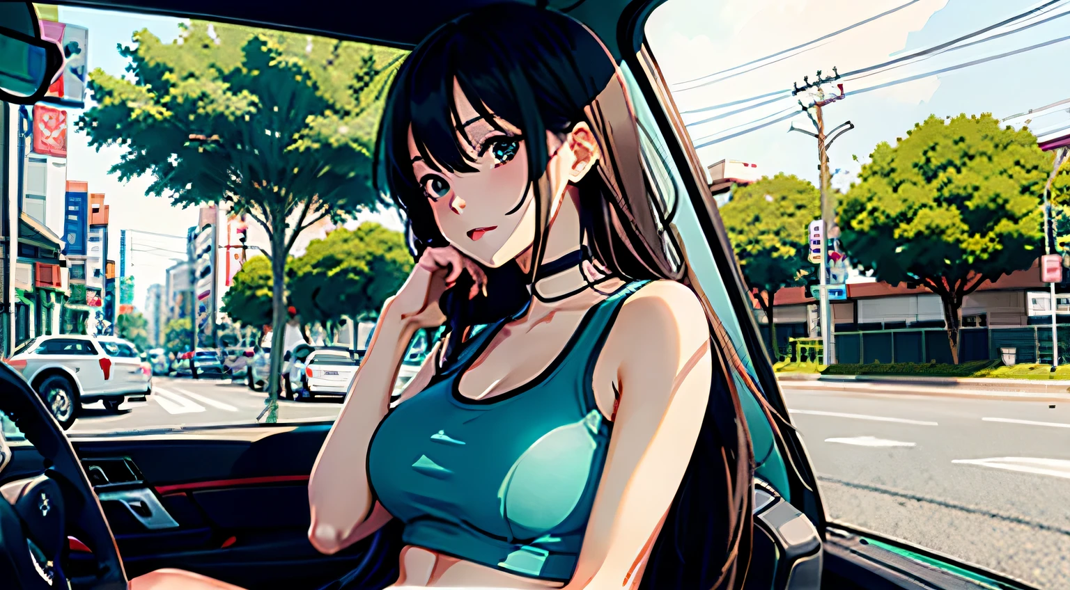 Anime girl sitting in car with hand on chin, Anime visuals of cute girls, Seductive Anime Girl, charming anime girls, anime styled, High quality anime art style, Beautiful anime girl, young anime girl, Anime Girl, Anime Girl with Long Hair, tight crop top, big breast, background is Tokyo city 80s, an anime girl, Cute anime girl