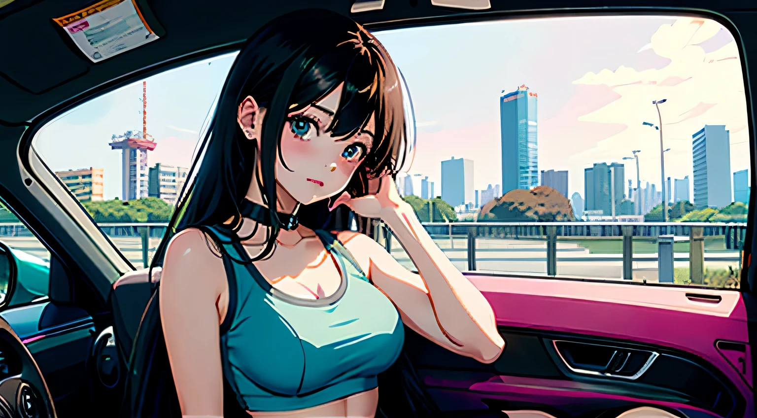 Anime girl sitting in car with hand on chin, Anime visuals of cute girls, Seductive Anime Girl, charming anime girls, anime styled, High quality anime art style, Beautiful anime girl, young anime girl, Anime Girl, Anime Girl with Long Hair, tight crop top, big breast, background is Tokyo city 80s, an anime girl, Cute anime girl