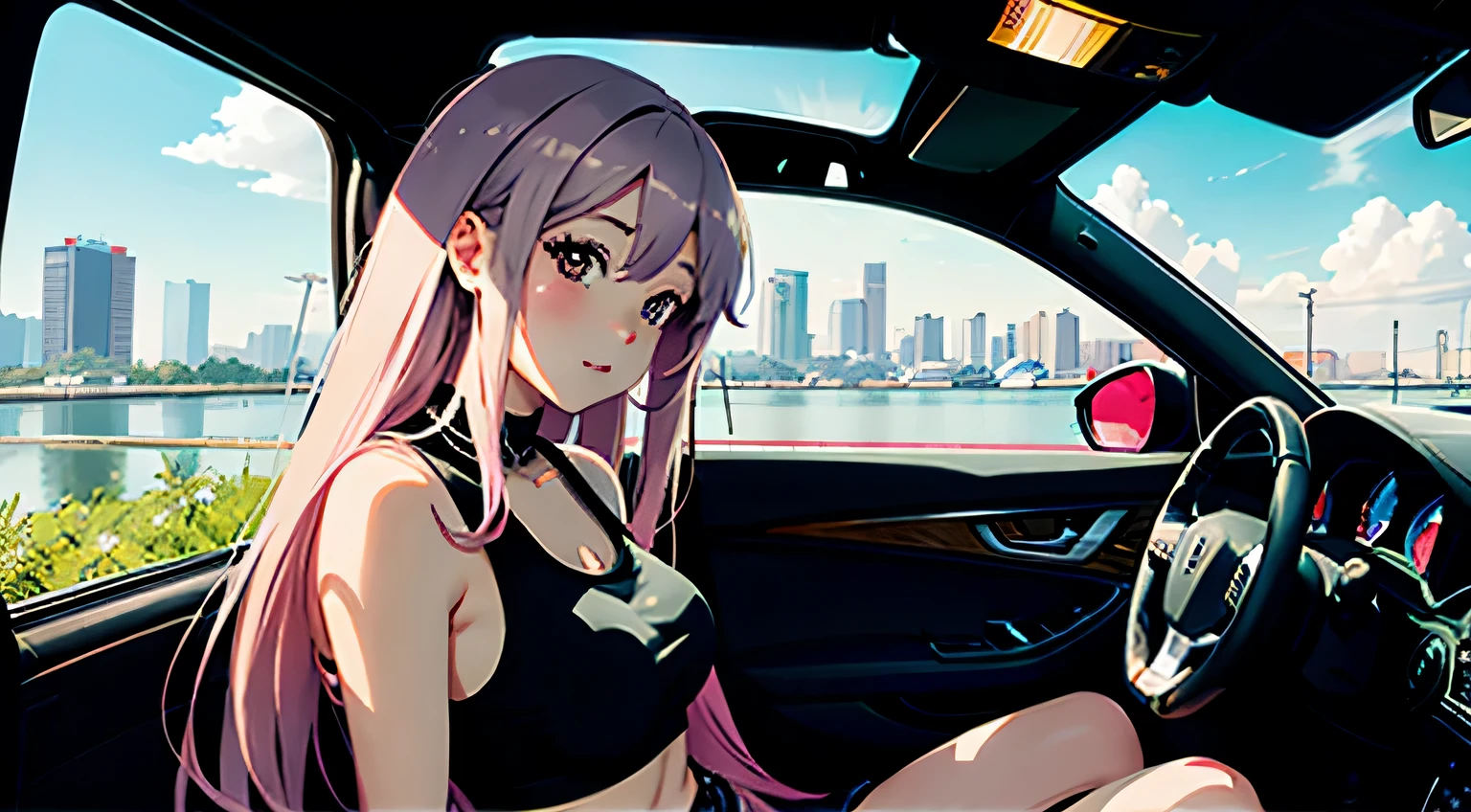 Anime girl sitting in car with hand on chin, Anime visuals of cute girls, Seductive Anime Girl, charming anime girls, anime styled, High quality anime art style, Beautiful anime girl, young anime girl, Anime Girl, Anime Girl with Long Hair, tight crop top, big breast, background is Tokyo city 80s, an anime girl, Cute anime girl