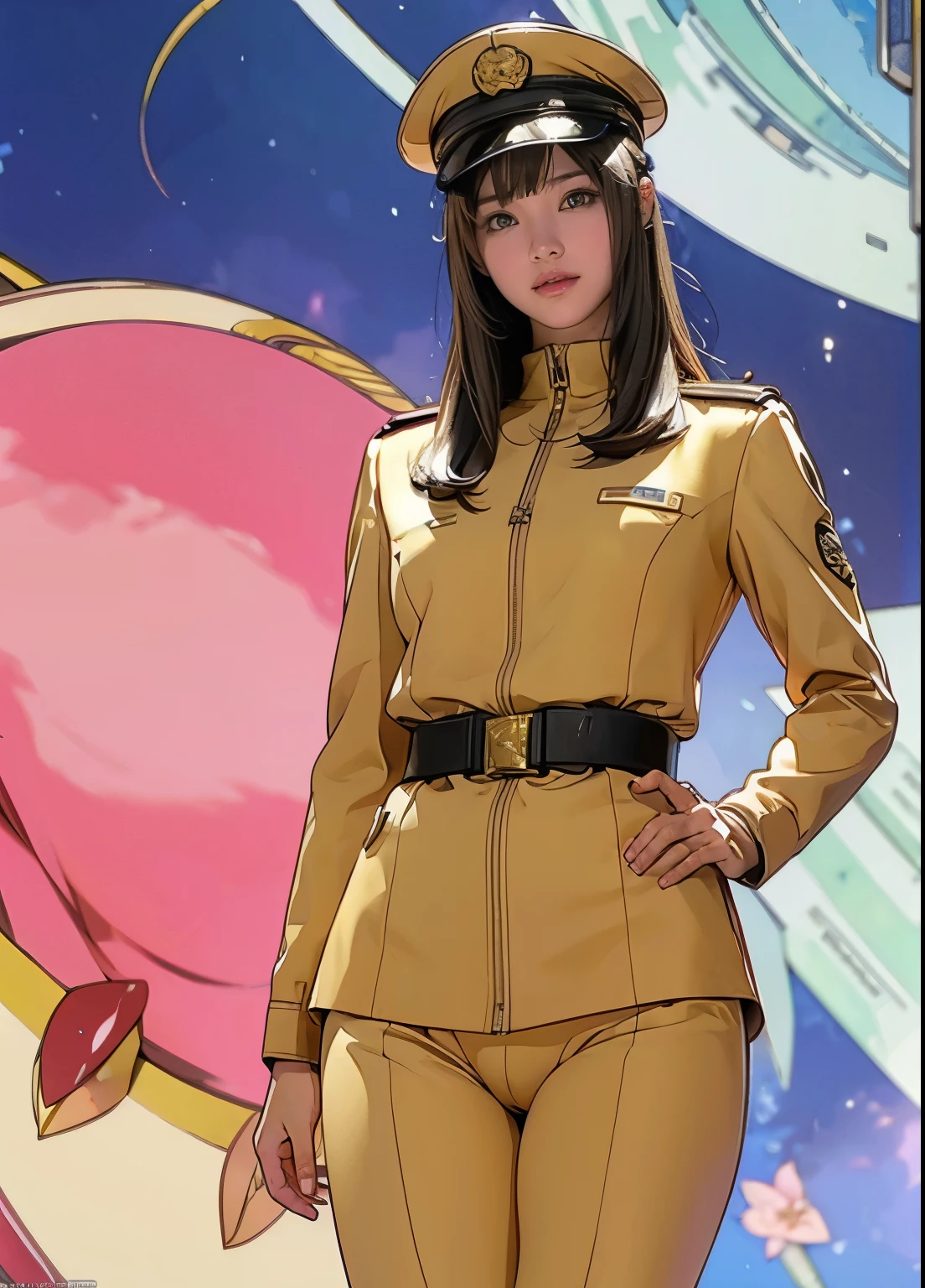 (((masterpiece,best quality,8K,super detailed,high resolution,anime style,Absolutely))),(A female officer of the Earth Federation Army is walking..:1.5),(alone:1.5), (Wearing the Earth Federation Forces:1.5),(Dressed as a federal employee&#39;hat of:1.5),(cute type of girl:1.4),(Detailed facial depiction:1.4),(beautiful hands:1.4),(Hands are very thin:1.2),(wallpaper:1.5),(whole body:1.5),((overlooking:1.5)), ((15 year old Japanese girl, clothes that fit)), (spaceship interior, There is space outside), (((camel toe)))