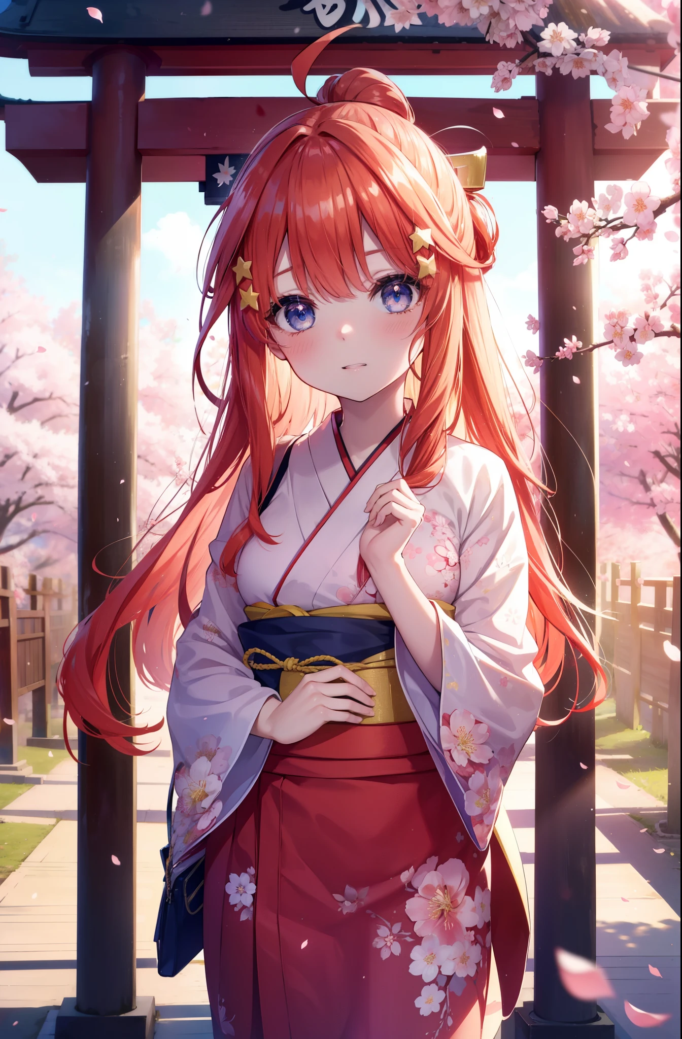 itsukinakano, Itsuki Nakano, bangs, blue eyes, hair between eyes, Ahoge,hair tied back,,long hair, redhead, star \(symbol\), hair ornaments, star hair ornaments,smile,blush,Gorgeous kimono with red floral pattern,white foot bag,Zori cherry blossoms are blooming,Cherry blossoms are scattered,Cherry blossom tree-lined path,put your hands on your stomach,
break outdoors, shrine,torii,
break (masterpiece:1.2), highest quality, High resolution, unity 8k wallpaper, (figure:0.8), (detailed and beautiful eyes:1.6), highly detailed face, perfect lighting, Very detailed CG, (perfect hands, perfect ???????),